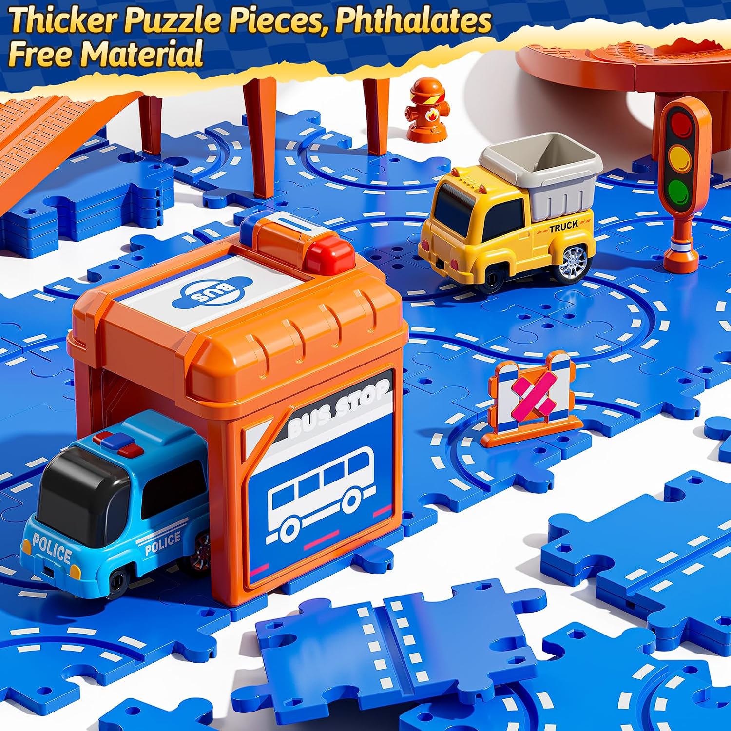 Toddler Puzzle Race Cars Track Toys for Kids Age 3-5 2-4 Years, 59PCS Puzzles Car Track Set Includes 2 Cars and Road Signs, Educational Birthday Gifts for Kids, Boys and Girls