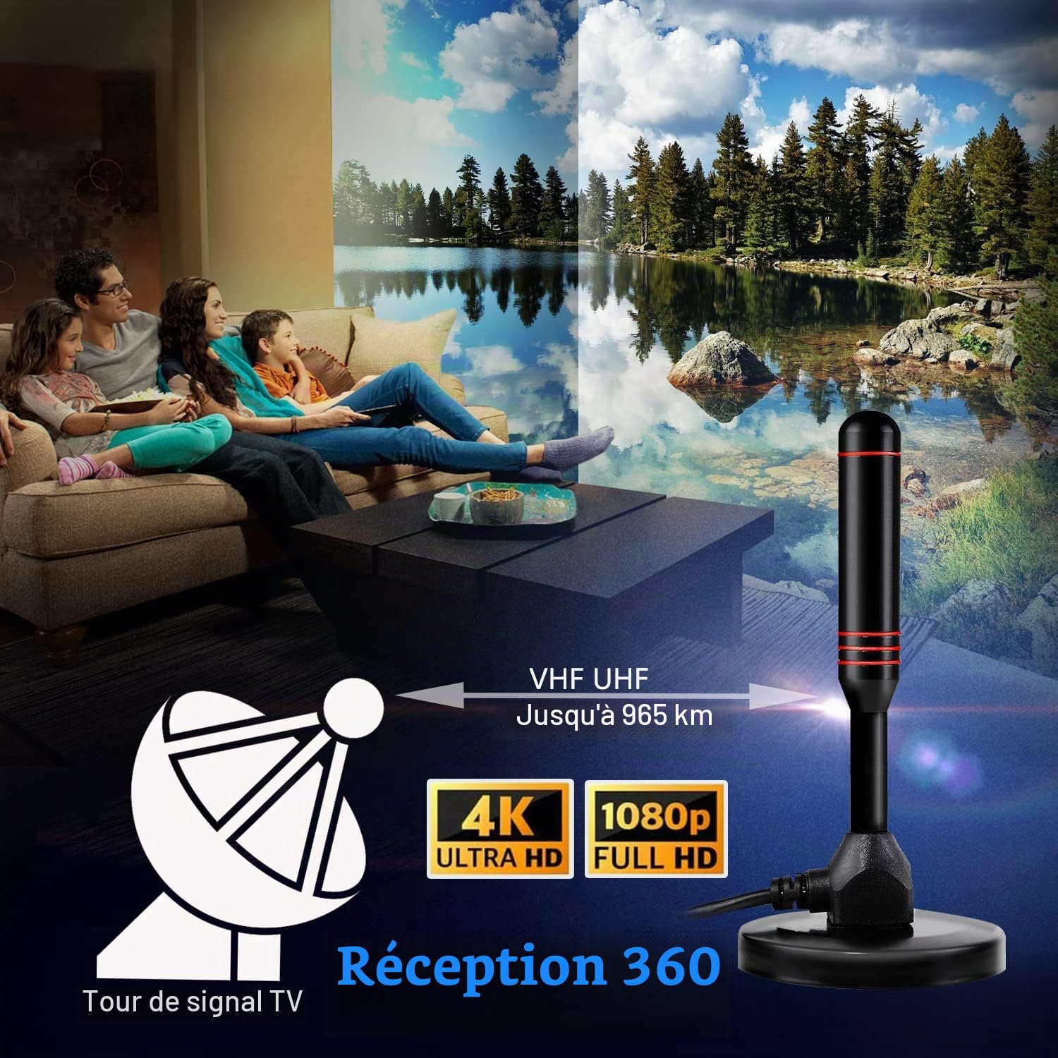Antenne TV d'intérieur pour Smart TV avec amplificateur de signal - Antenne TV numérique pour Freeview TV - Longue portée de 900 km - Prise en charge 4K 1080p - Avec base magnétique/câble coaxial de 5