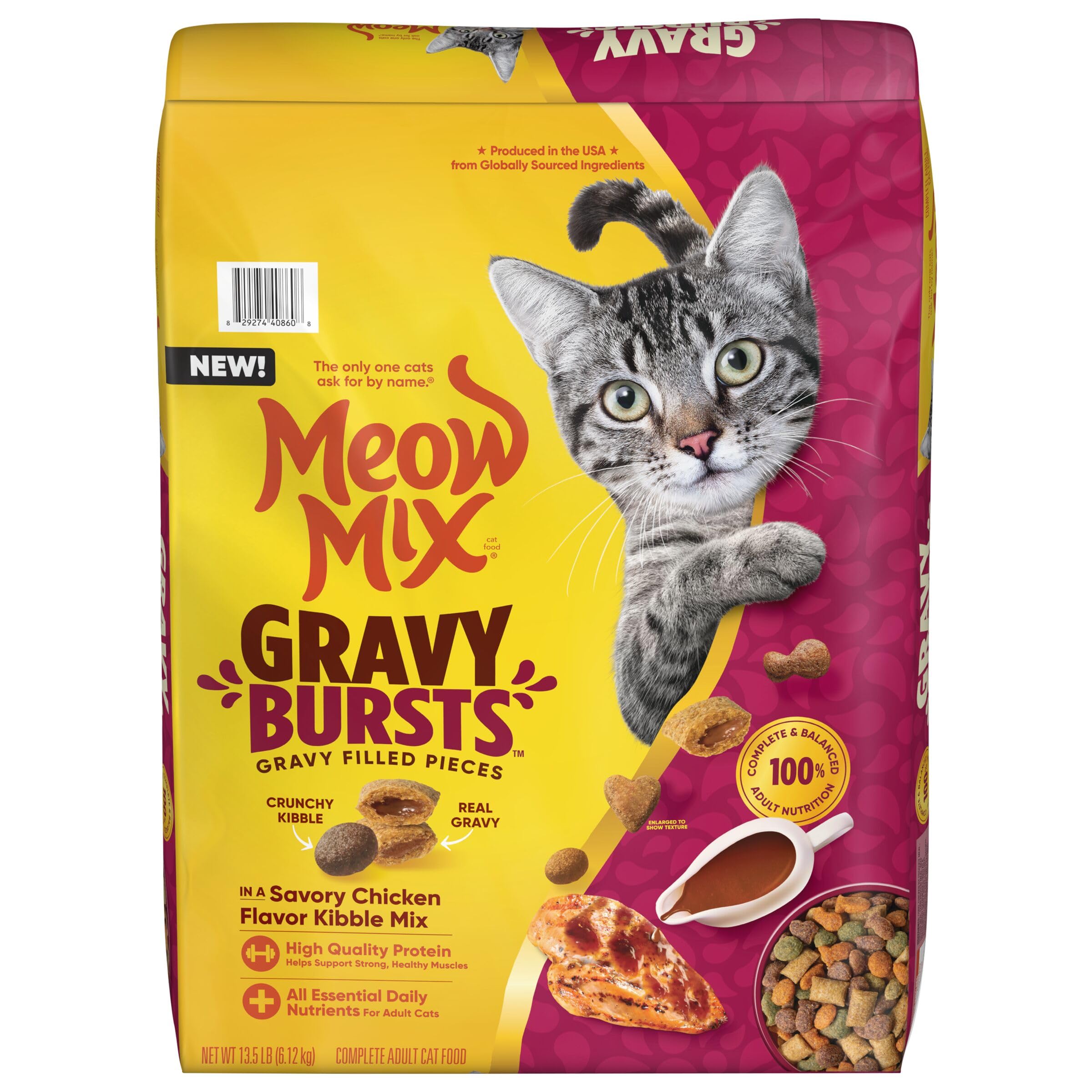 Meow Mix Gravy Bursts Savory Chicken Flavor Mix with Gravy Filled Pieces, Dry Cat Food, 13.5 Pound Bag
