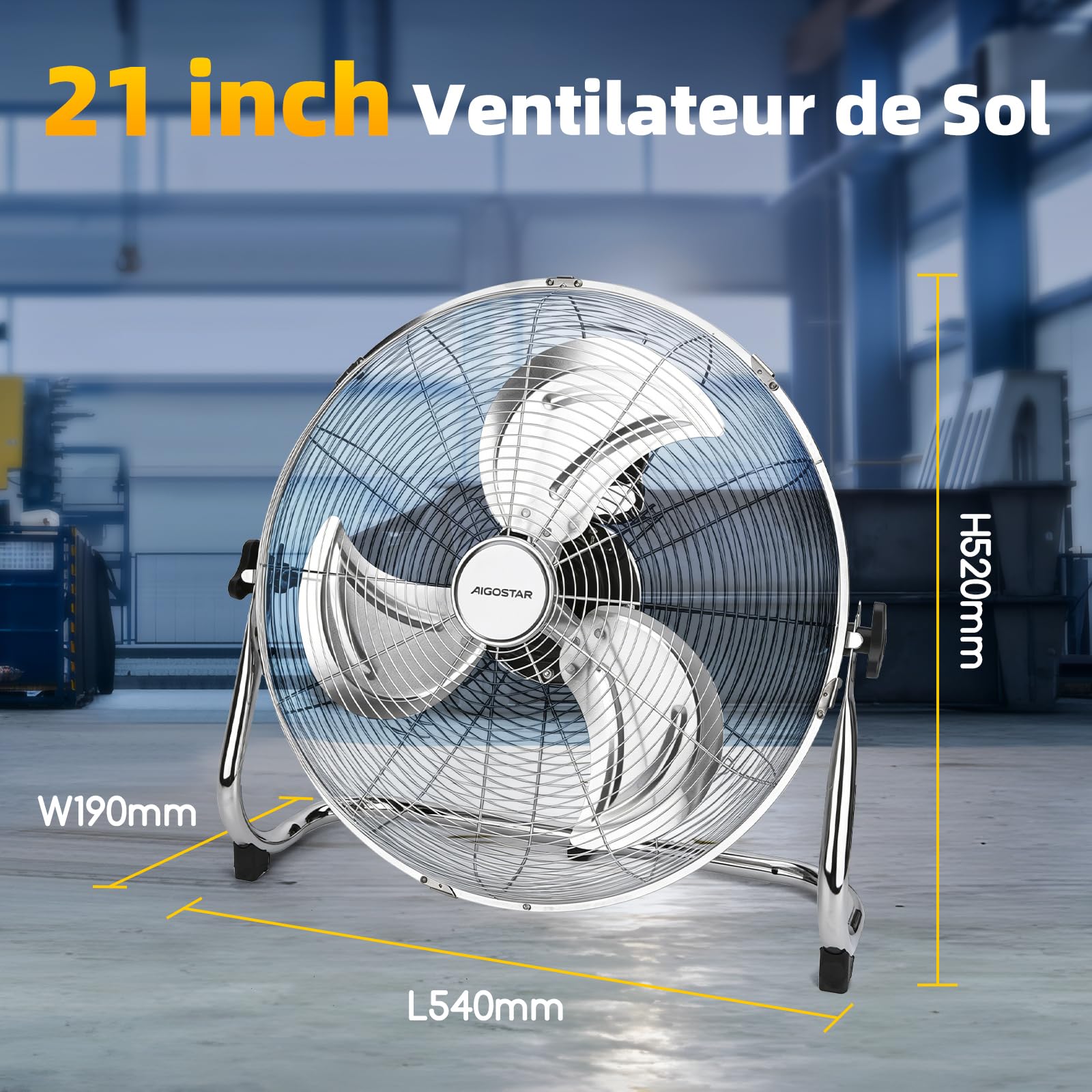 Aigostar Ventilateur Industriel de Sol Puissant-100W Moteur, 3 Vitesses, Oscillation 120°, Pales en Métal Chromé, Grille Renforcée, Design Portable avec Poignée, pour Atelier, Magasin, Maison (54cm)