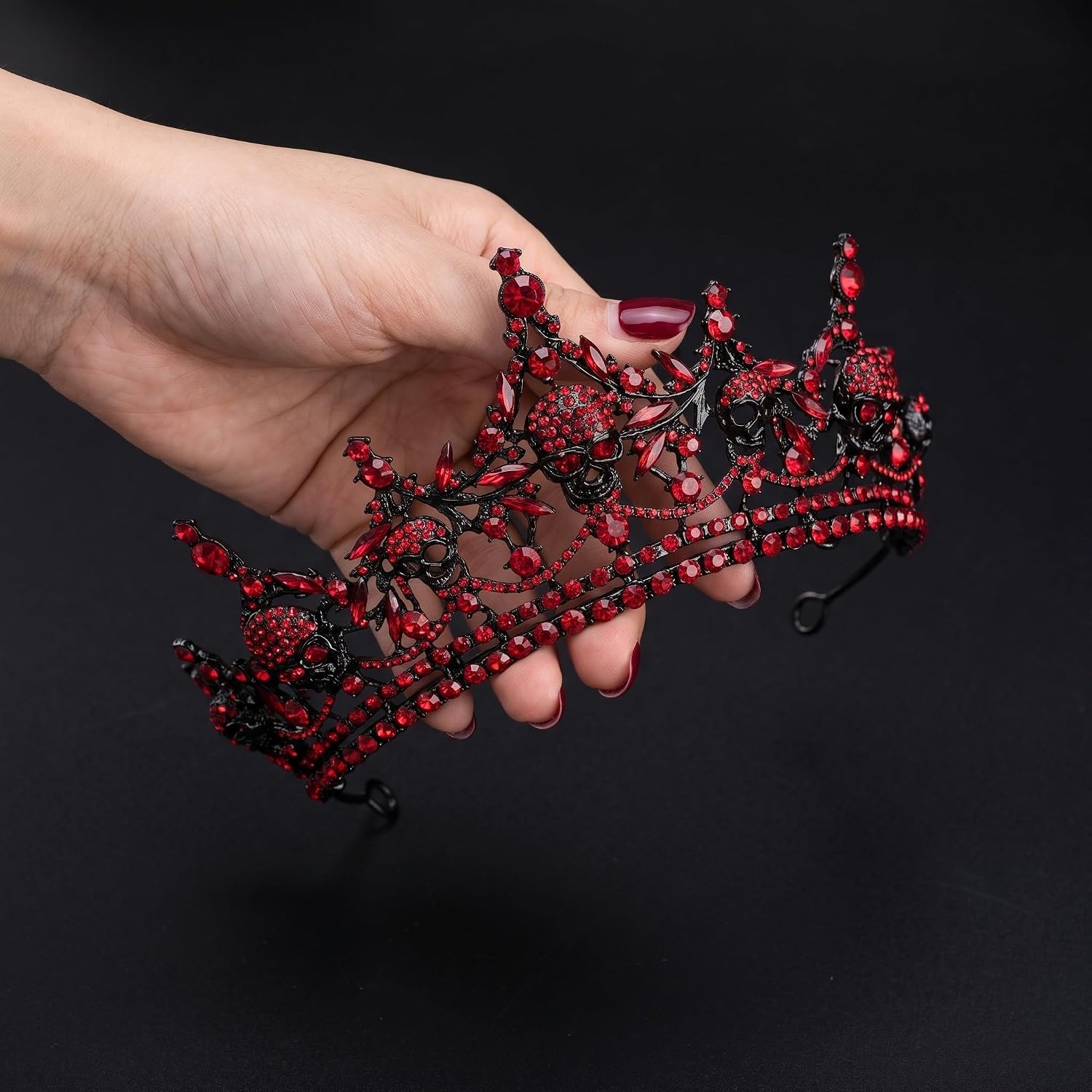 Ghost Bride Halloween Headpiece Red Rhinestone Skull Crown