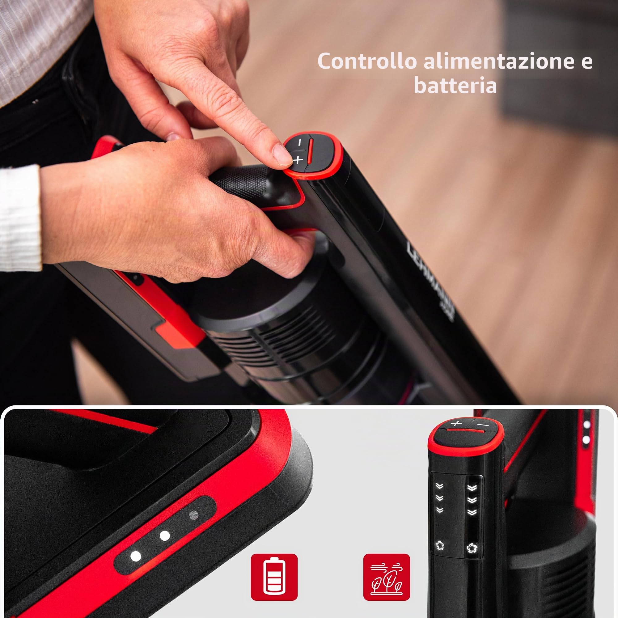 LEHMANN Aspirapolvere Senza Fili 3 in 1, Scopa Elettrica Senza Fili con 45 Minuti Autonomia, Serbatoio 1,8L, Spazzola LED, Filtro HEPA, Set di Accessori, Ideale per Peli di Animali, Tappeti, Pavimenti