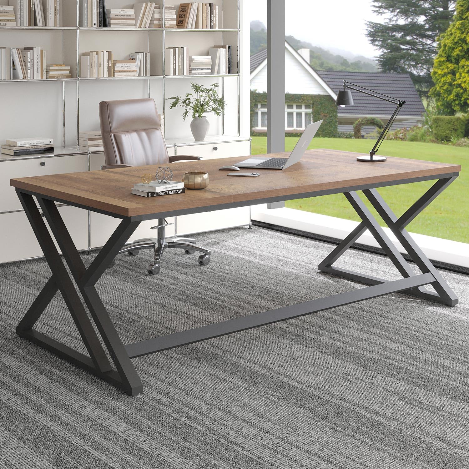 LVB Rustic Large Computer Desk, Extra Long Industrial Home Office Desk, Wood Pc Writing Work Study Computer Table Desk, Farmhouse Workstation Gaming