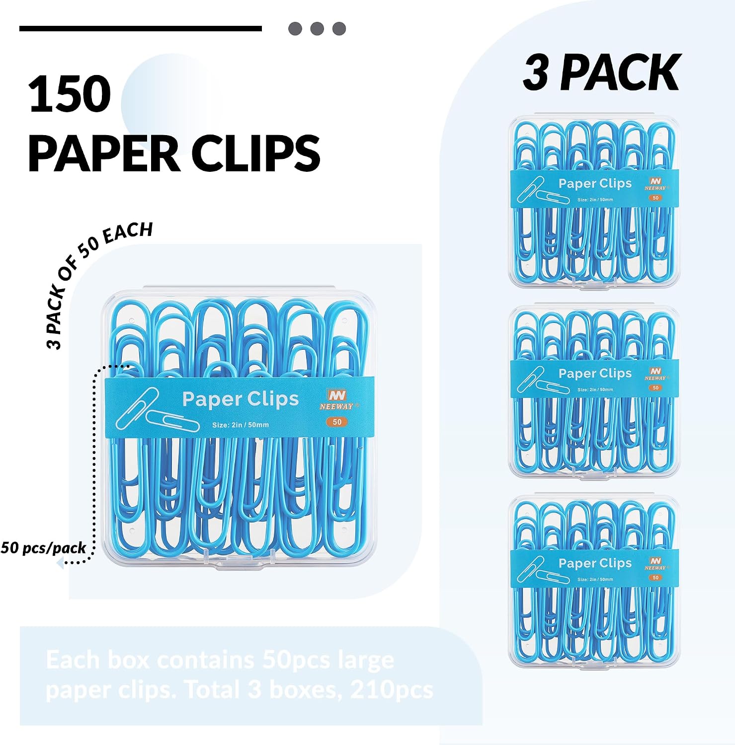 NEEWAY Colorful Large Paper Clips, 2 Inch Jumbo Paper Clips, 150 Count, 3 Pack of 50 (Blue) image 3