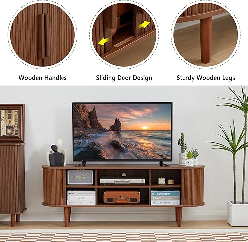 Miniatura 62 de Soporte de TV, mesa consola multimedia con puerta corredera y compartimento de almacenamiento, centro de entretenimiento moderno con almacenamiento