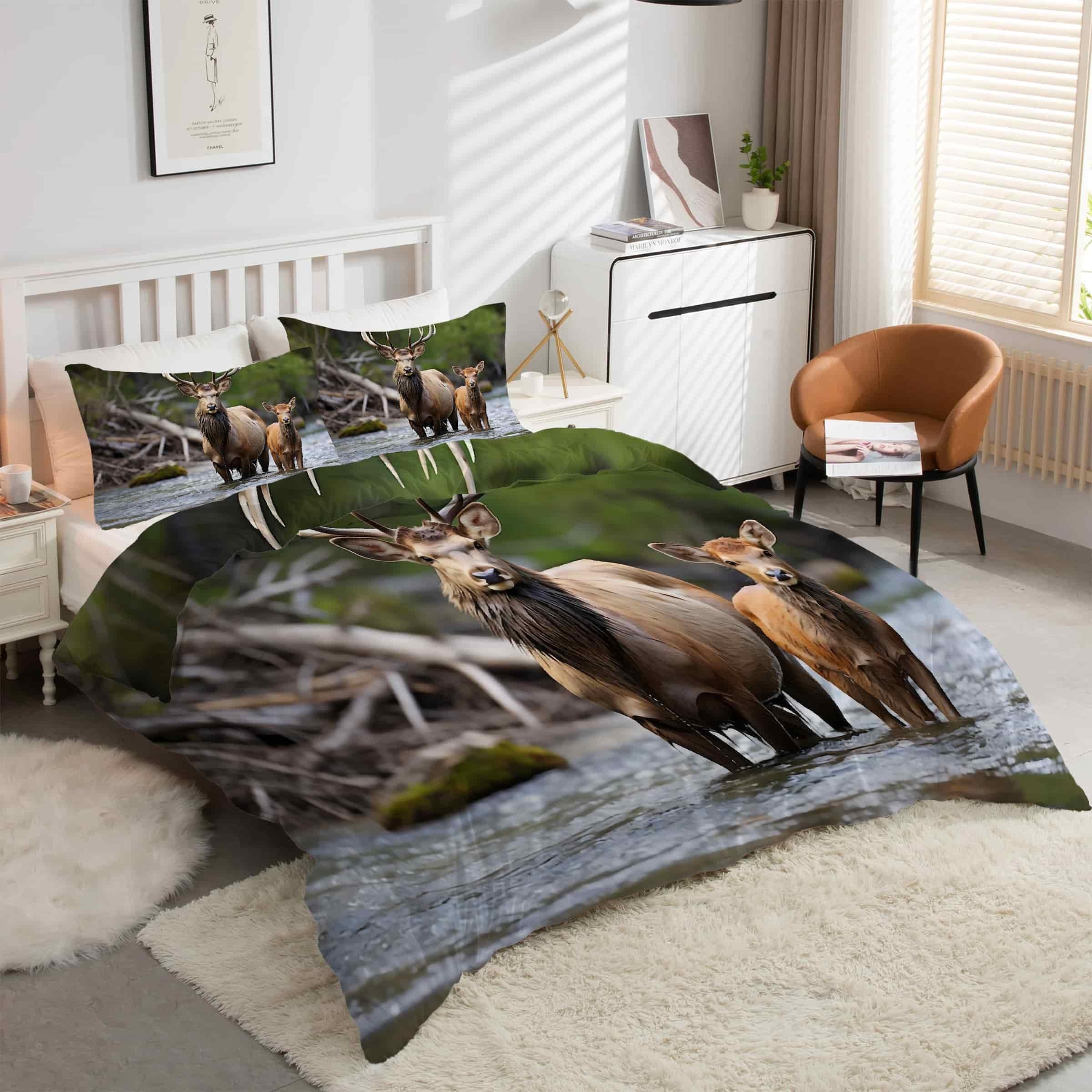 Housse de couette 220x240 cerf avec 2 taies d'oreiller microfibre