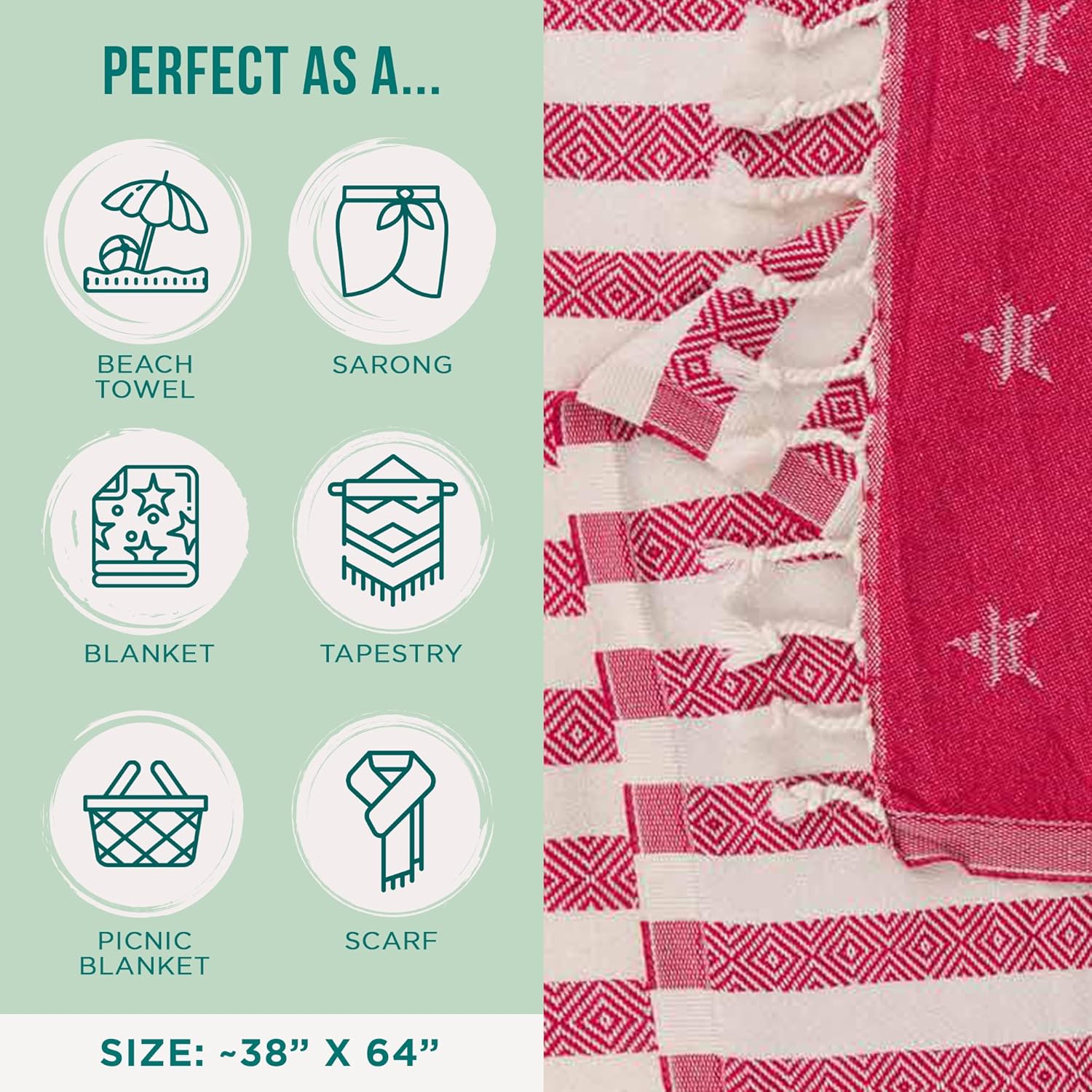 Sand Cloud Beach Towel - Sand Free - 100% Organic Turkish Cotton Yarn - Quick Dry Towel for Beach, Picnic, Blanket or Bath - As Seen on Shark Tank - Stars & Stripes (Red, White & Blue)