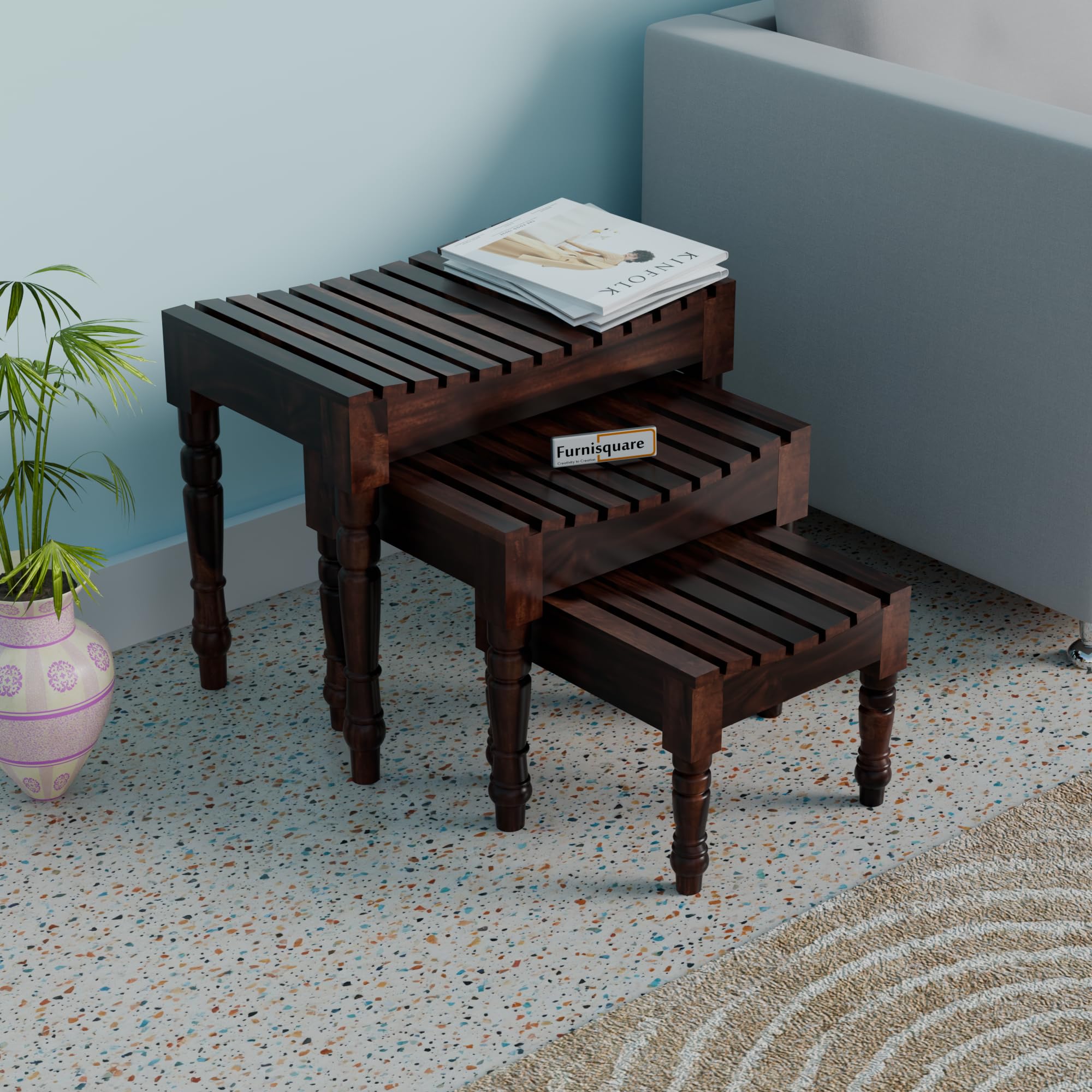 Solid Sheesham Wood Nesting Table for Living Room | Wooden Nesting Tables Set of 3 Stools for Decor | Bedside Table for Bedroom Furniture | Flower Pot Vase Stand | Dark Brown Finish