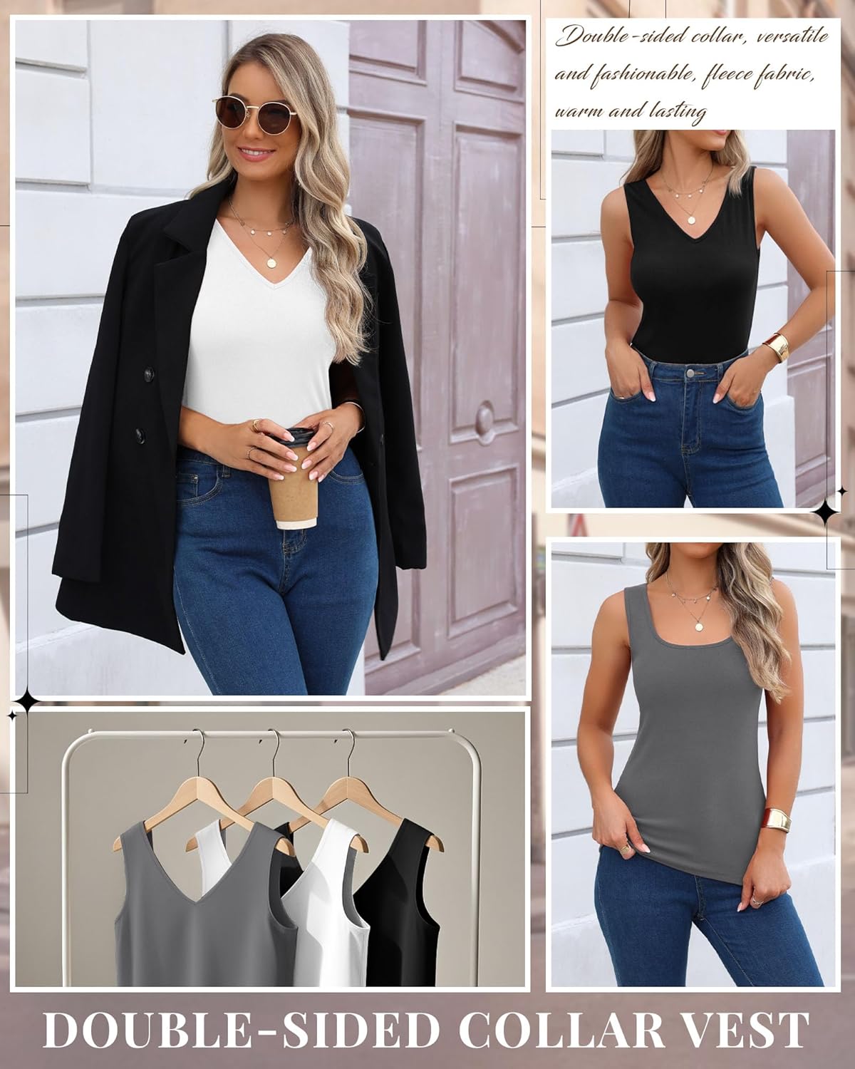 3 Pcs Women's Thermal Tank Tops Fleece Lined Sleeveless Underwear Vest Reversible U/v Neck Warm Base Layer Camisole - Image 6