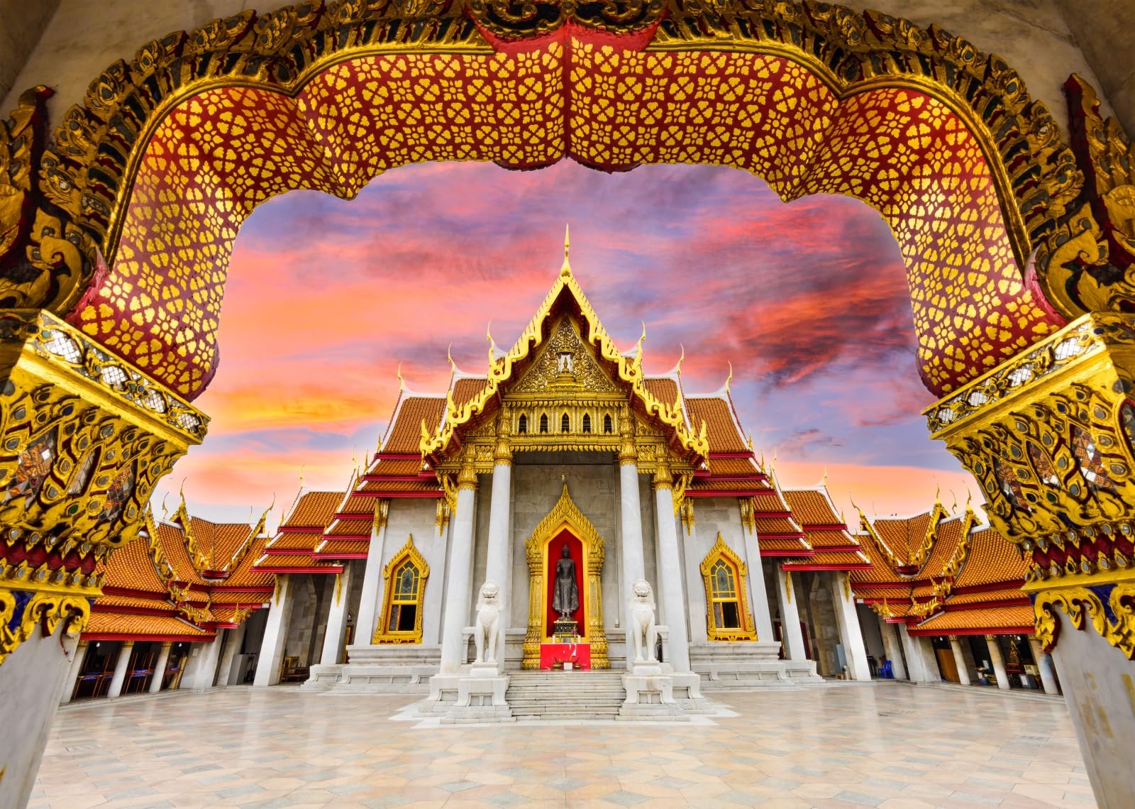 Loccor 7x5ft Fabric Thailand Marble Temple Backdrop for Photography Bangkok Indian Style Marble Temple Thailand Landmark Architecture Background Asian