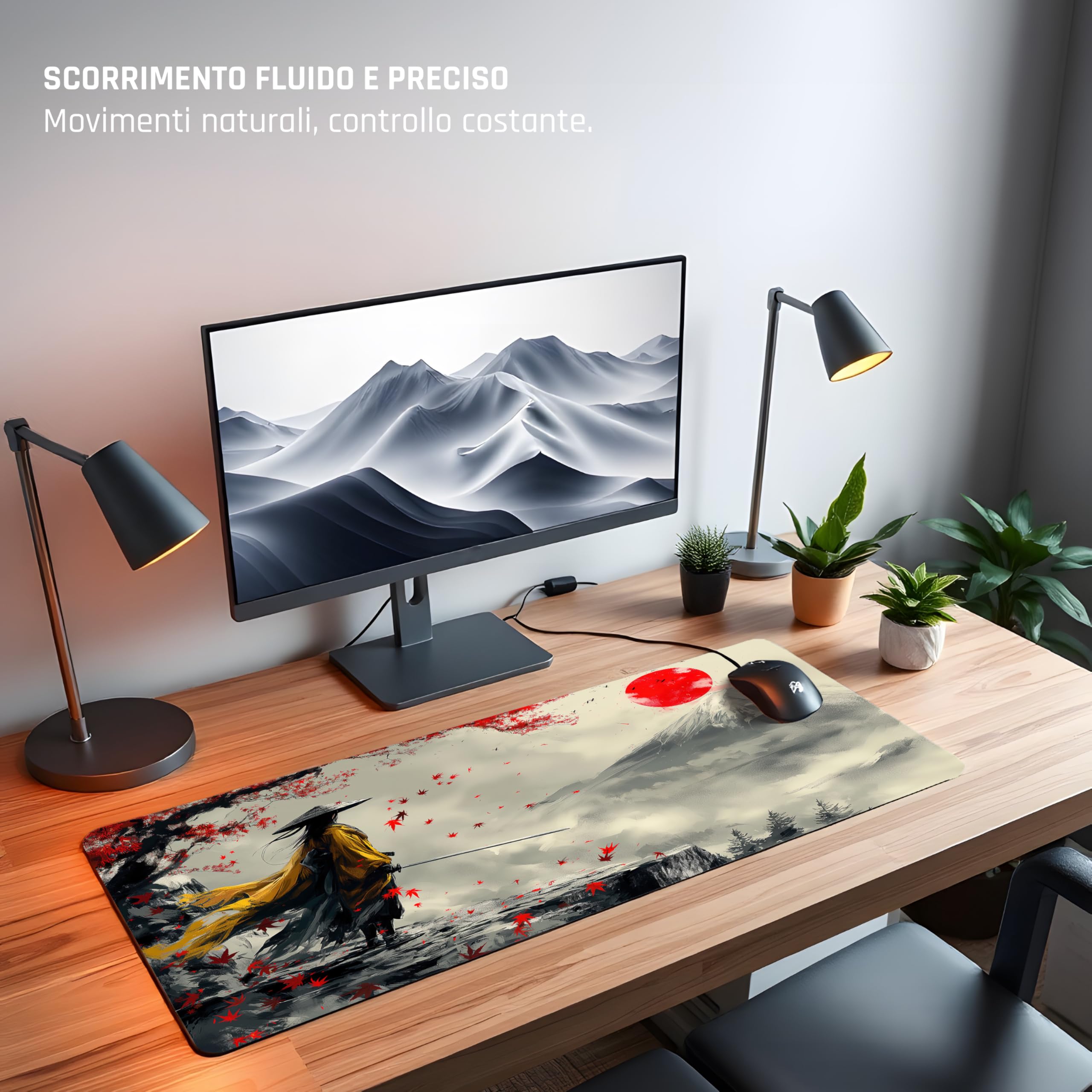 Tappetino Mouse XL 80×30 cm (3mm) – Samurai Giapponese Fuji & Sole Rosso – Desk Mat Gaming Antiscivolo, Bordi Cuciti, Tappetino Scrivania Grande per PC e Laptop