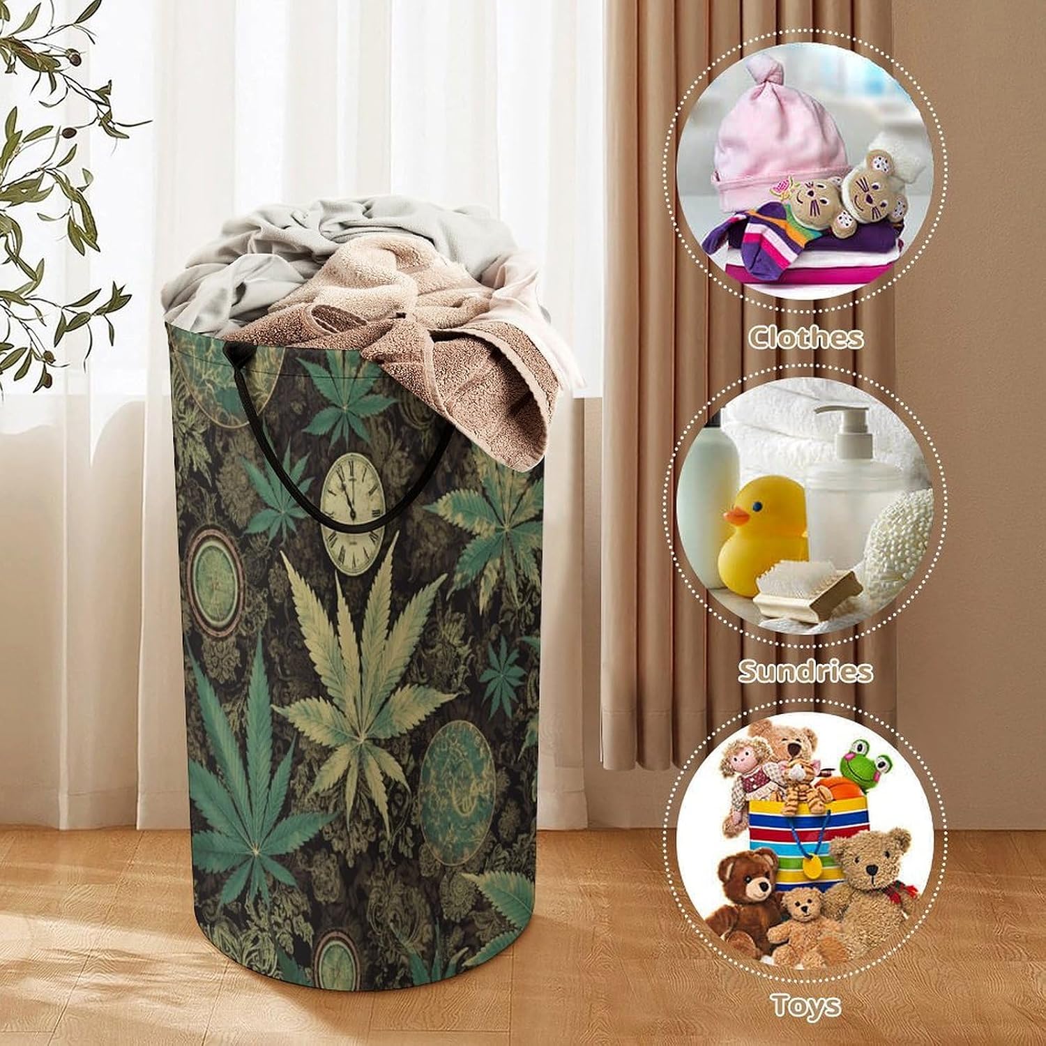 A Puff in Time Weed MarijuanaLaundry Hamper Storage Basket | Large Dirty Clothes Bag for Easy Carry Handles,Large Clothes Basket with Handles,Organizer for Bathroom Bedroom