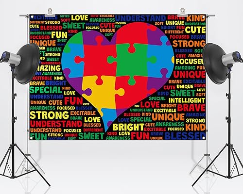 Miniatura 9 de Nepnuser Telón de fondo para cabina de fotos de concienciación sobre el autismo, pieza de rompecabezas de corazón de amor, decoración de pared para