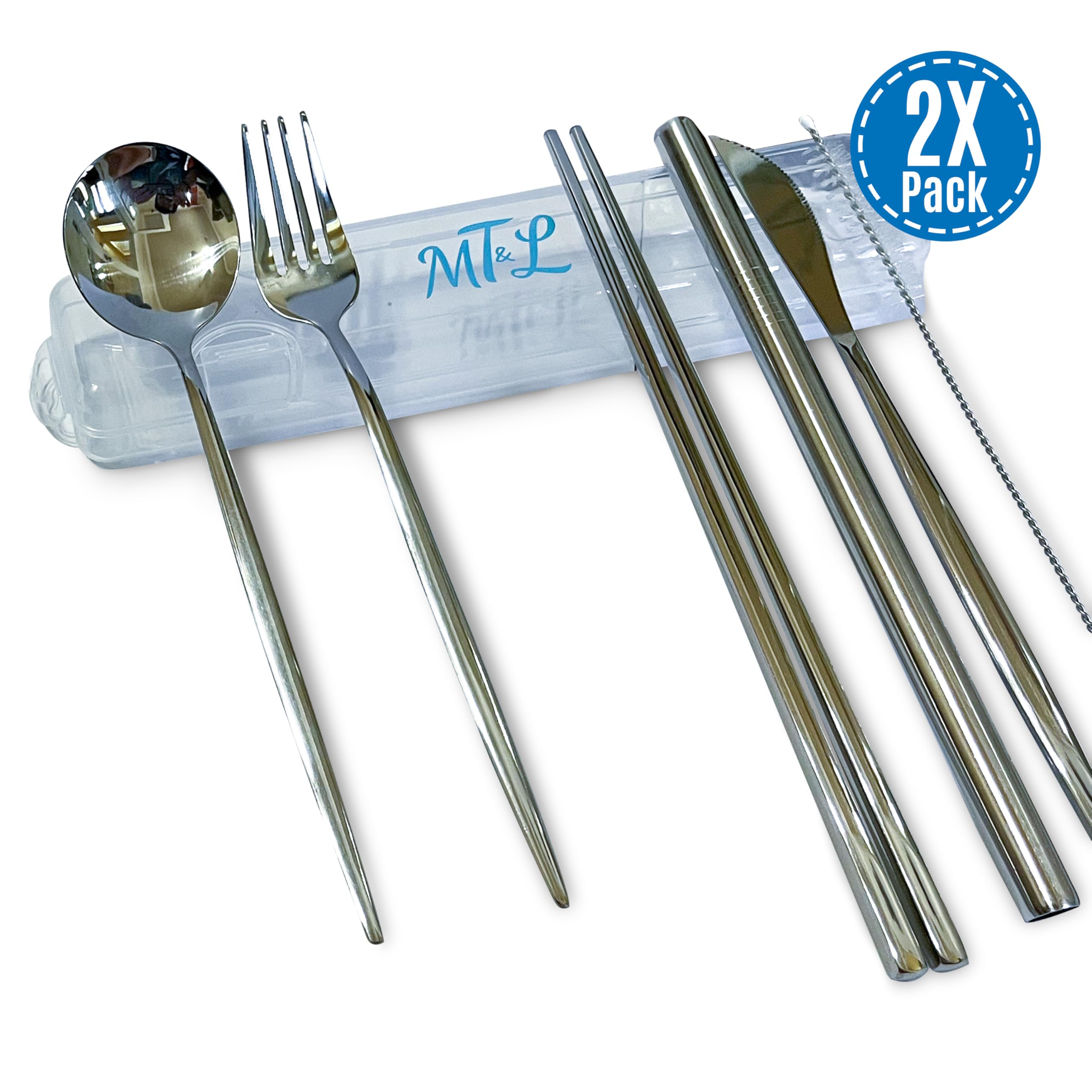 2 Pack of 6-in-1 Portable Utensil Silverware Set With Case - Stainless Steel Cutlery Set | Lightweight, Dishwasher Safe - Good for Kids, School, Travel, Camping