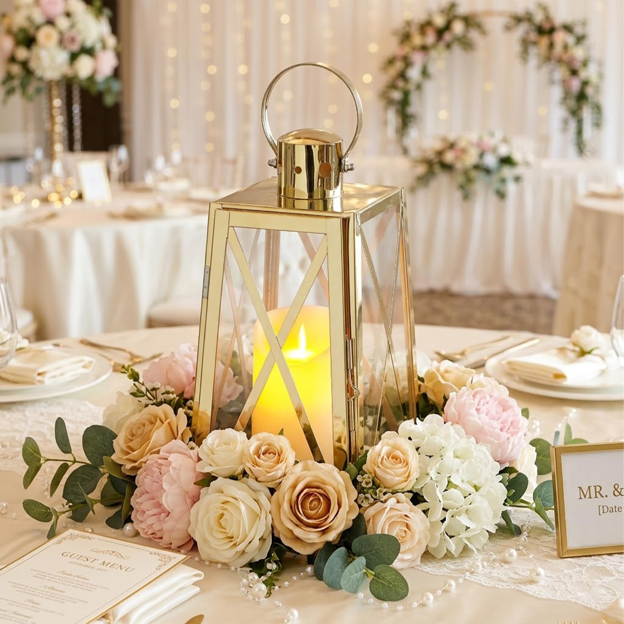 TRIROCKS 30cm High Stainless Steel Decorative Lantern Metal Candle Holder with Tempered Glass Panels Perfect for Home Decor Living Room Parties Events Tabletop Indoors Outdoors(Gold)
