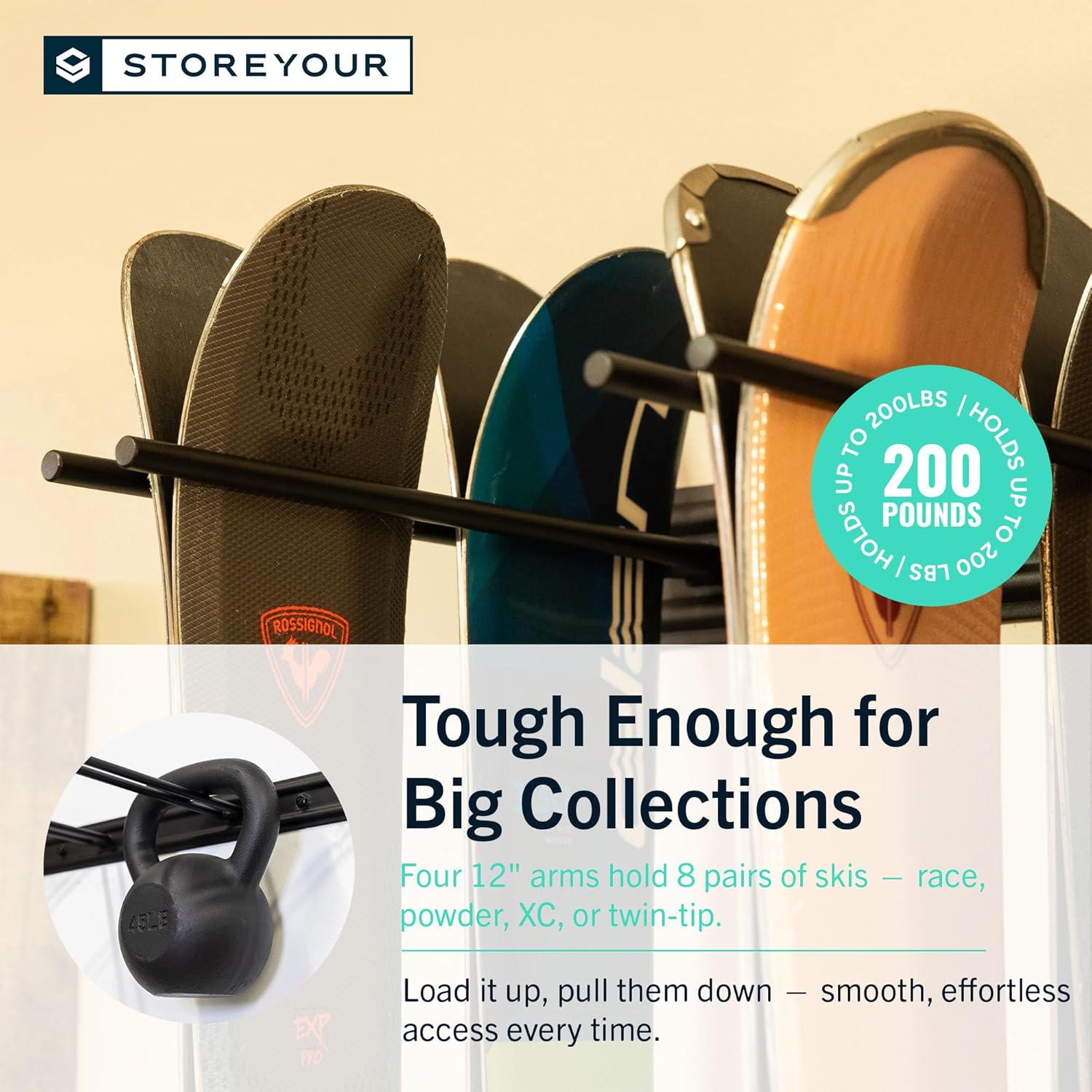 StoreYourBoard Ski Rack Wall Mount – Heavy-Duty Steel Ski Wall Mount Holds Up to 8 Pairs of Skis, Space-Saving Ski Rack for Garage, Home, or Cabin – Durable Wall Storage Organizer - Holds Up to 200lb - Image 6