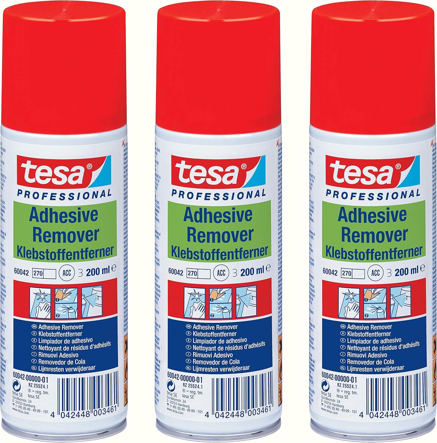tesa ADHESIVE REMOVER - Klebstoffentferner Spray - entfernt Kleber, Etiketten und Verschmutzungen mit Fett, Teer und Harz - 200 ml (Single, 3x 200ml)