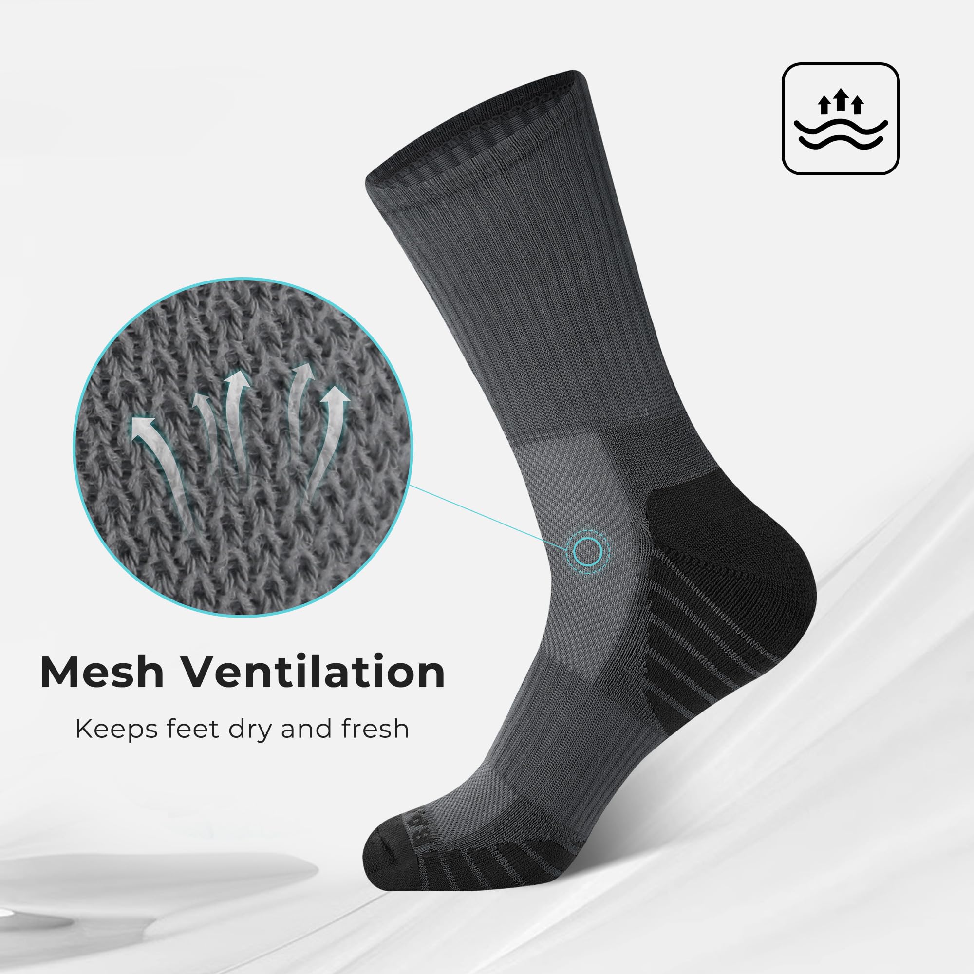 BAMBOO COOL Men's Crew Socks Athletic Running Sports Socks, Cushioned Moisture Wicking, Breathable Arch Support 6 Pack: Dark Grey*3,white*3 X-Large