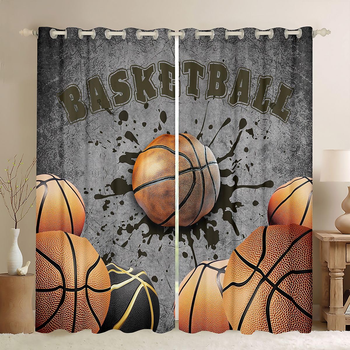 Homewish Sport Curtain Basketball Fenstervorhang 137x117(HxB) Jungen 3D Baseball Ledermuster Blickdichte Vorhänge Schlafzimmer Coole Ballspiele Tintendruck 2 Paneele Gardienen