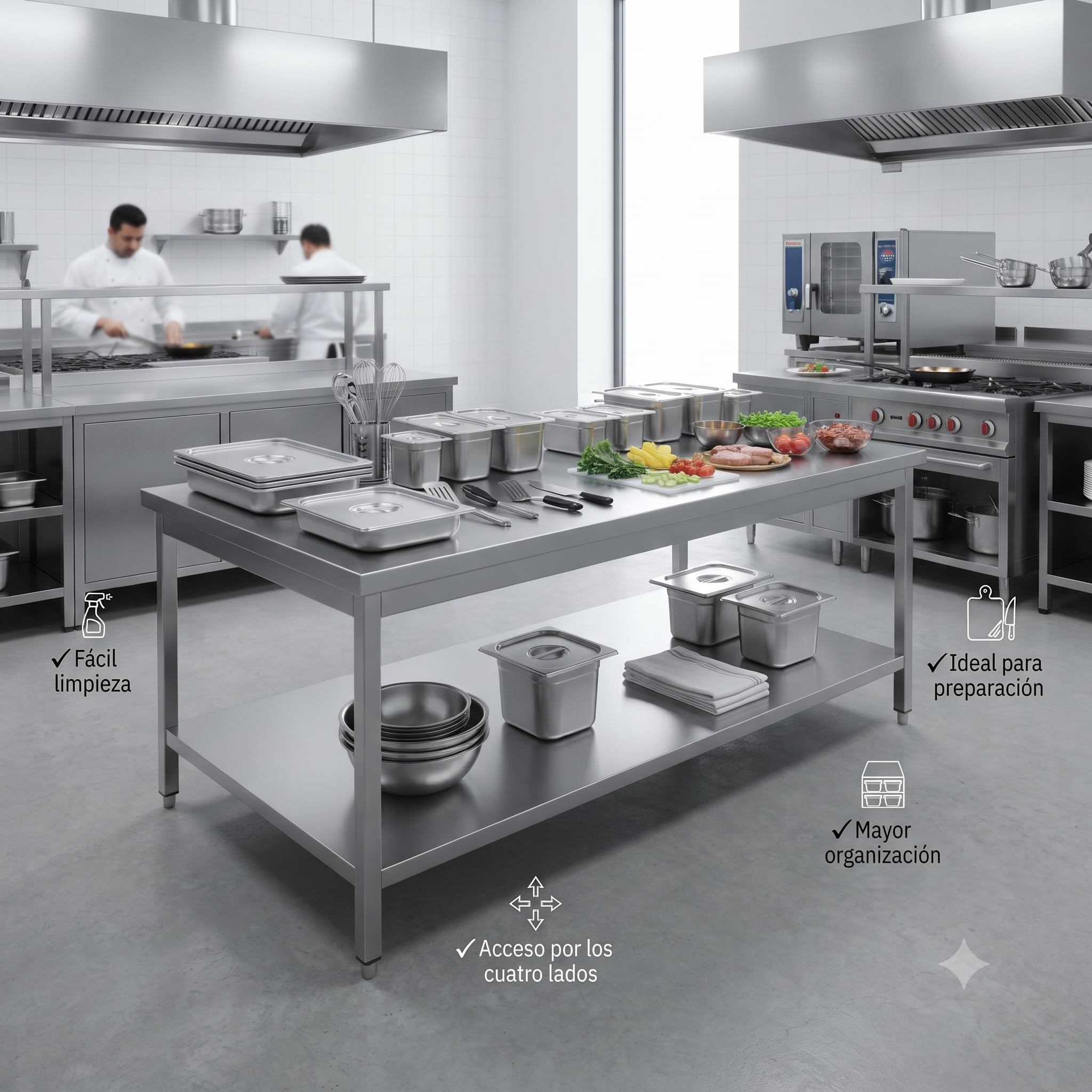 Mesa de Trabajo Central Baja de Acero Inoxidable AISI 304 con Estante Inferior, Mesa Auxiliar para Cocina Industrial y Hostelería, 700 x 600 x 600 mm