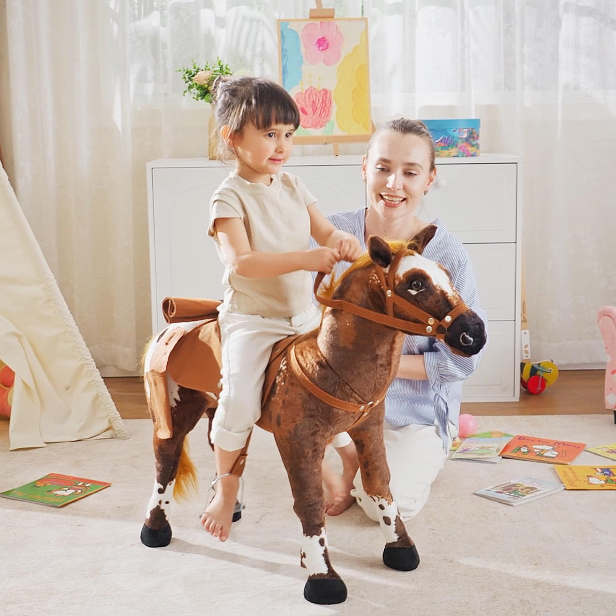HOMCOM Reitpferd Spielpferd zum Reiten Stehpferd mit Sattel, Sound, Steigbügel Plüschpferd für Kinder ab 2 Jahren Braun