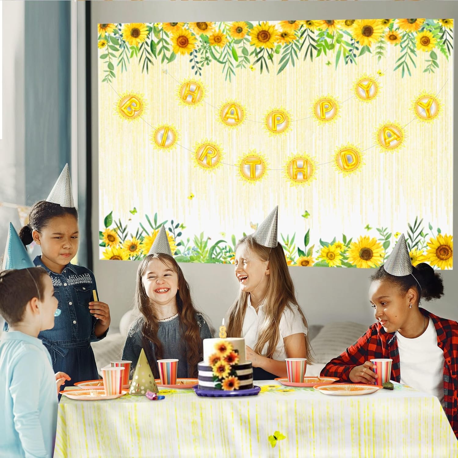 Cheerland Bundle Sunflower Garlands Party Streame & Sunflower Fabric Backdrop