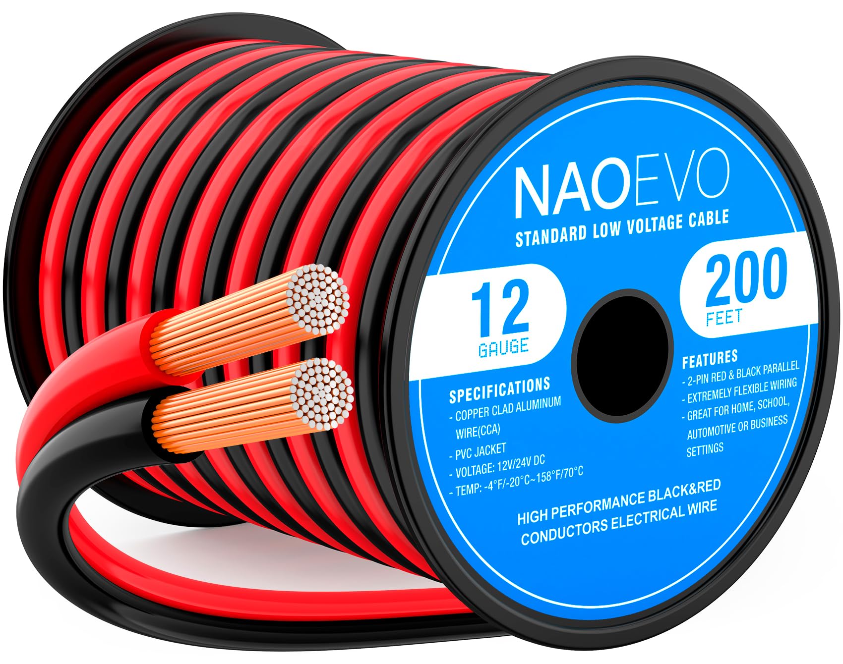 NAOEVO 12 Gauge Wire 200FT, 2 Conductors Electrical Wire Red Black Cable, Flexible/Low Voltage/PVC 12 AWG Copper Clad Aluminum Extension Cord for