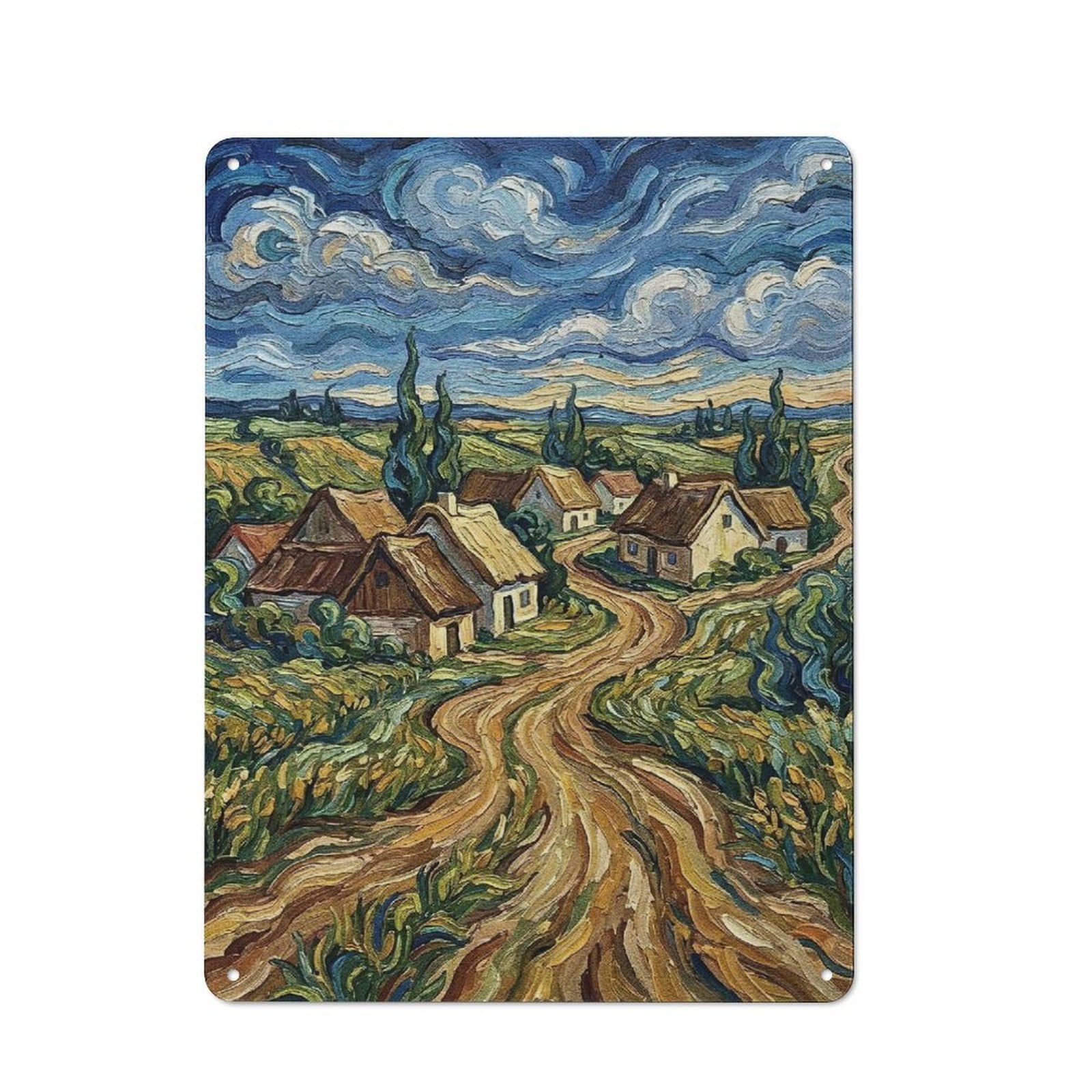 Junmoney Style-11 Village Landscape Painting In Impressionist Style Vintage Metal Sign 40X30cm, Shop Front Style Cafe Wall Decor For Takeaway, Bar, Kitchen Or Counter Area