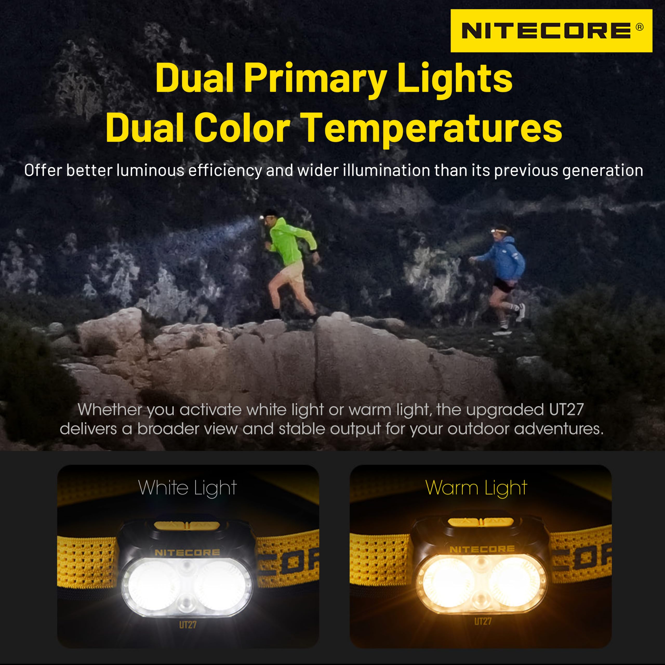 Nitecore UT27 2024 Pro (2024 Version) Dual Beam Lightweight Trail Running Headlamp with 2X HLB1500 Battery Pack, Tag (Black)