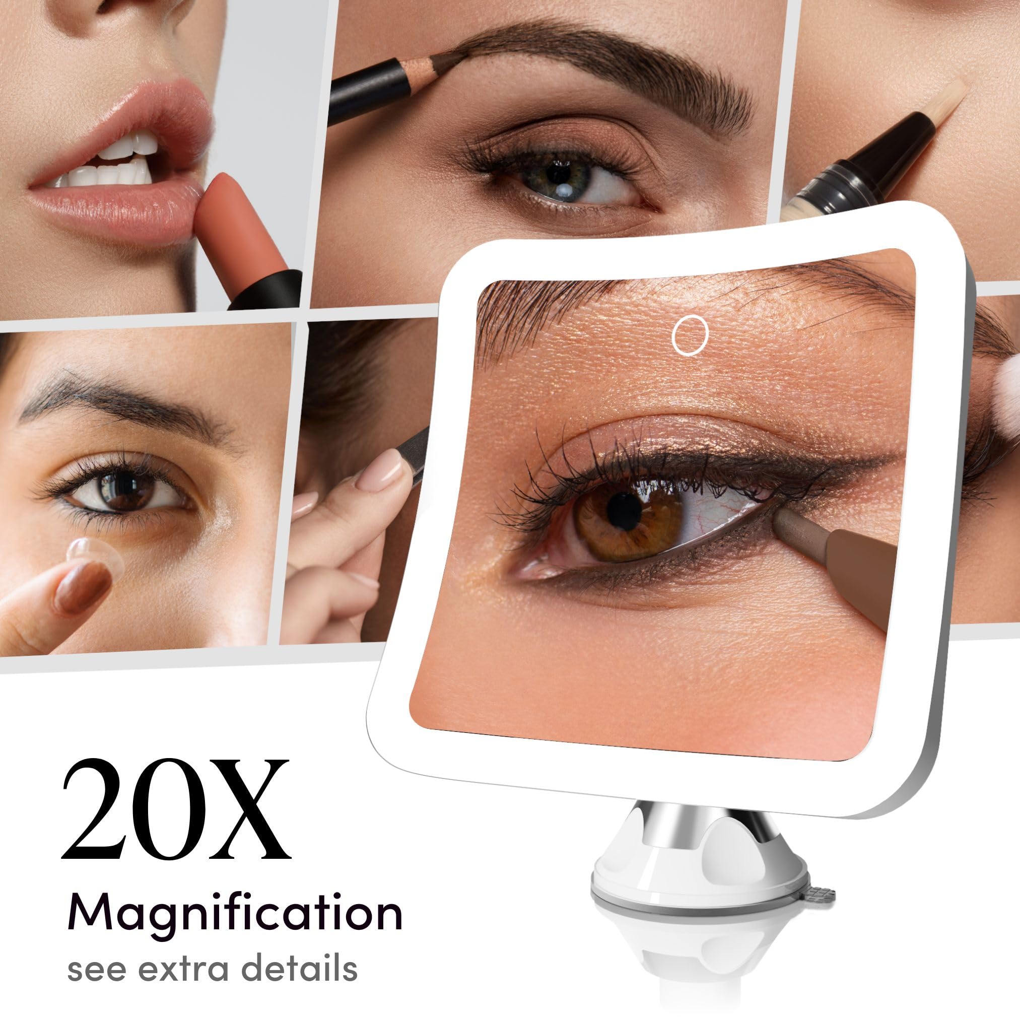 Fancii Miroir de maquillage grossissant x 20 avec lumières LED, rechargeable, zoom élevé | Grand miroir de voyage éclairé de 17,8 cm pour coiffeuse et salle de bain, intensité variable, 3 réglages de