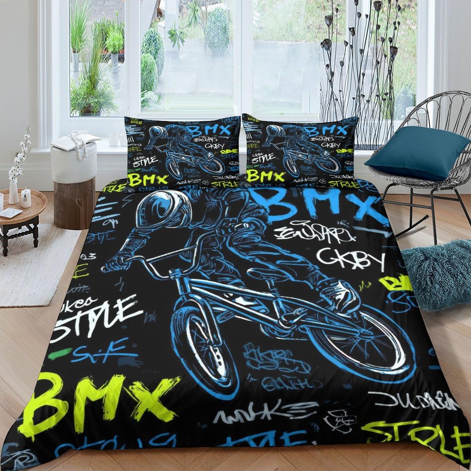 Ctjqhvkz Style-8 3D Printed Bmx Graffiti Fitted Sheet Microfiber Soft Breathable Street Art Bed Cover For Bedroom Dorm Mattress Protection Single（135X200cm）