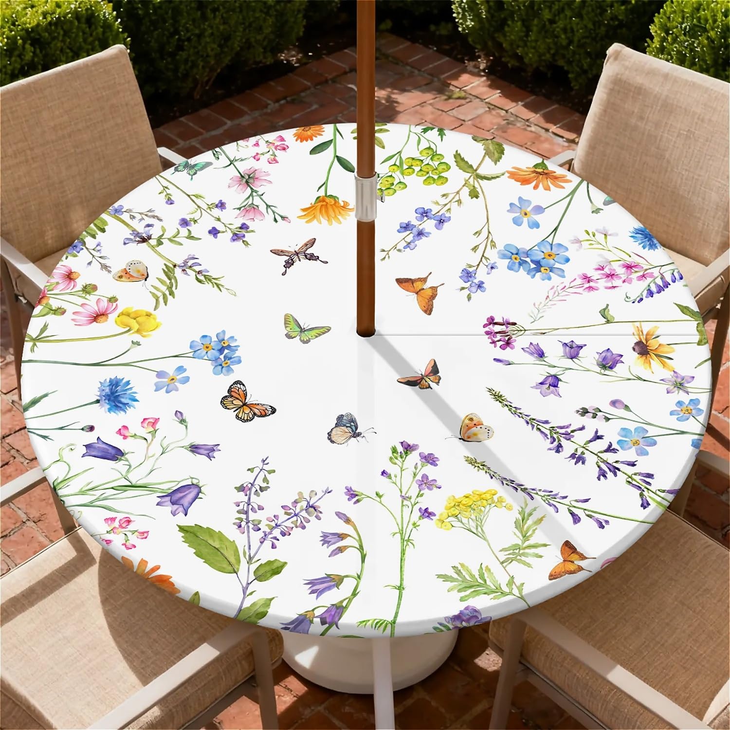 Tovaglia rotonda per esterni con foro per ombrellone e cerniera Fiori di farfalla motivo lavabile e pulibile - tovaglia con bordo elastico per patio, balcone e giardino, Ø 150 cm