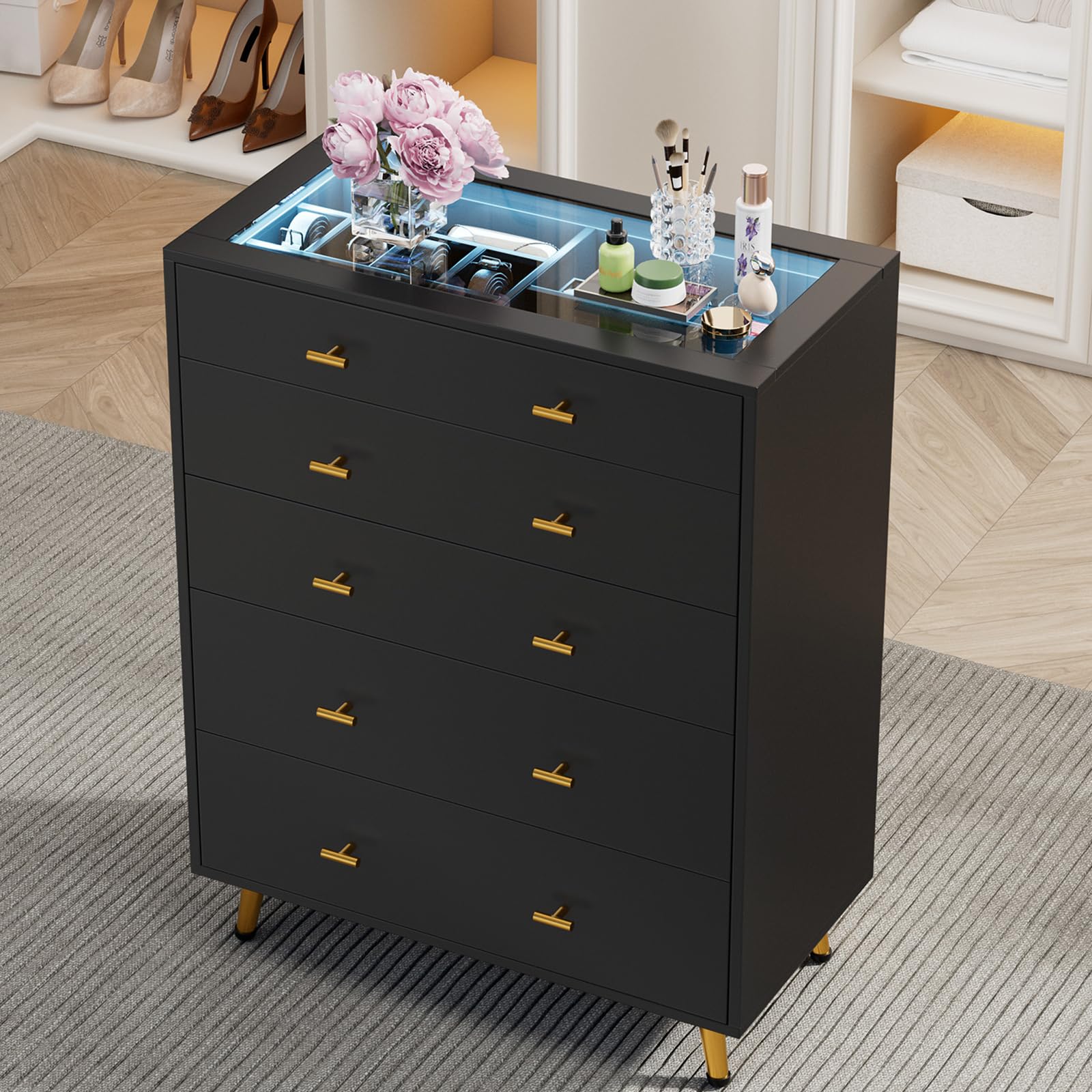 glass top dresser Luxury and Chest With beauty tools JanflyHome Drawer Dresser with LED