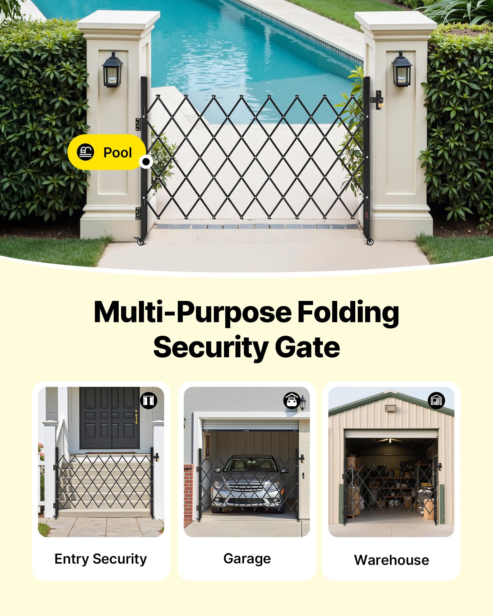 VEVOR Puerta de Seguridad Plegable Individual, Puerta Retráctil de Tijera de Acero 170 x 131 cm con Cerradura y Ruedas Giratorias de 360° para Seguridad de Entrada, Garaje, Almacén y Piscina