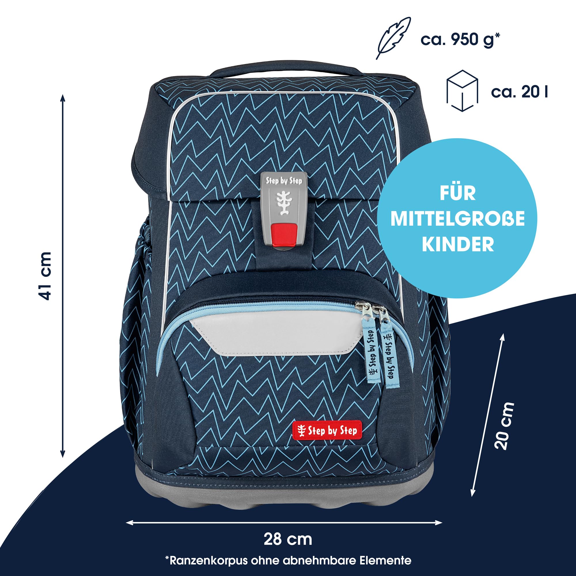 Step by Step Podstawowy tornister szkolny "Blue Lines", 4-częściowy, niebieski, ergonomiczny tornister z odblaskami, pas biodrowy i piersiowy, dla dzieci od 1. klasy, 20 litrów
