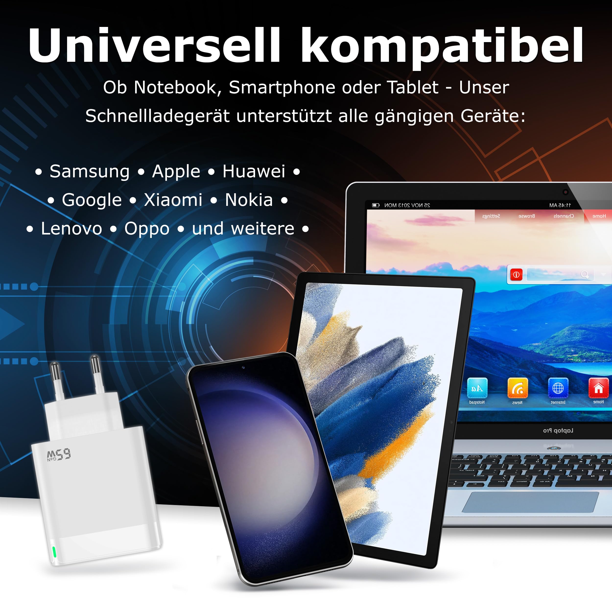 Pedea 65W USB-C (PD) Schnellladegerät - 3-Ports GaN Mehrfach Handy-Ladegerät mit USB-C und USB-A, weiß