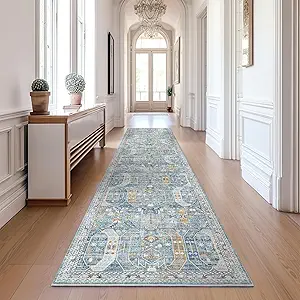 Madane Runner Rugs for Hallway 2x10 Long Washable Non-Slip Hallway Runner Rug Low-Pile Stair Kitchen Runner Soft Throw Carpet for Entrance Living Dining Laundry Room (Blue/Gold, 2 x 10)