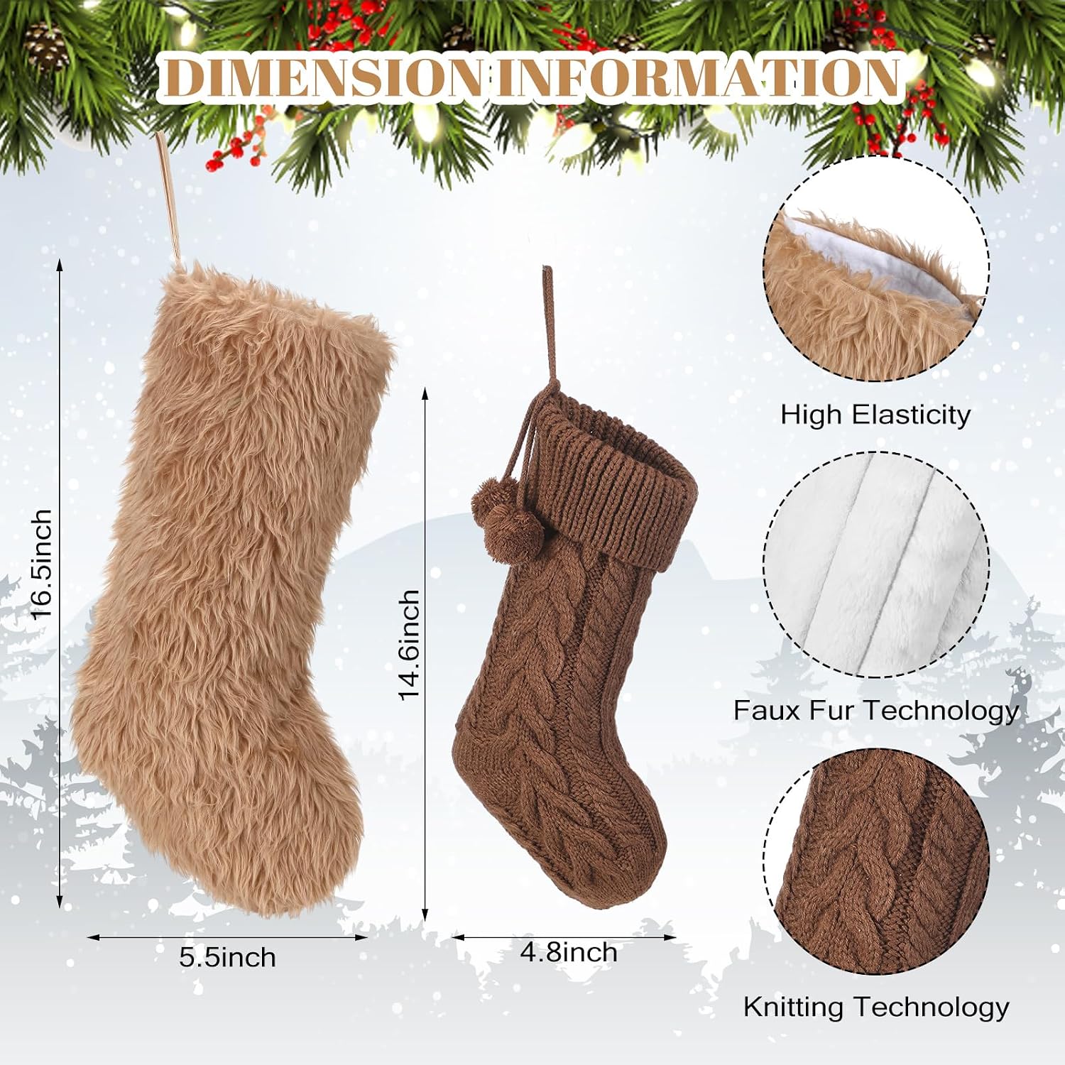 Chicingyou 6 Pcs Neutral Brown Christmas Stocking for Farmhouse Family Vintage Western Christmas Hanging Stocking 18" 15" Cozy Fur Knitted Xmas Home Decor for Xmas Fireplace Holiday Party Decorations