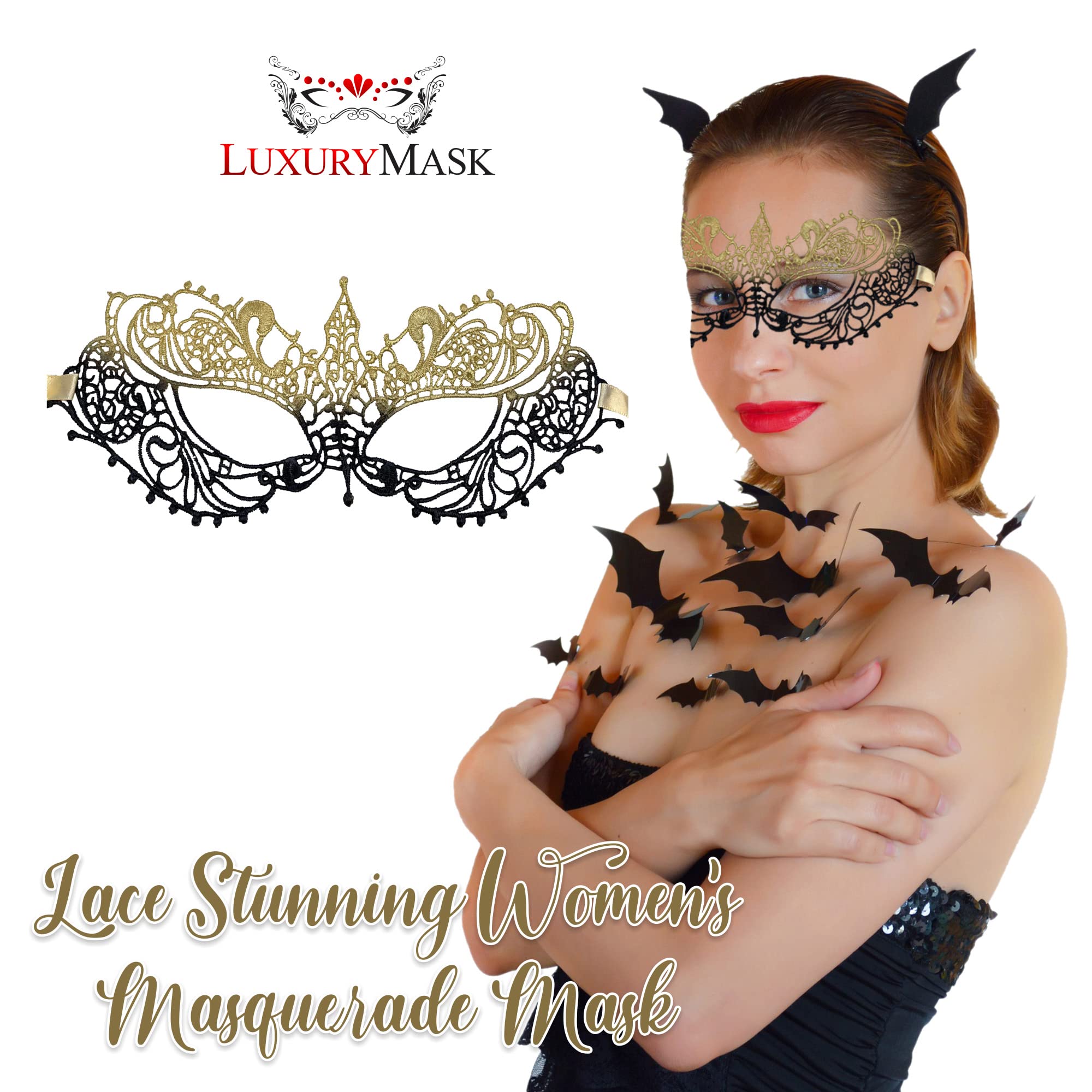 Black Gold Masquerade Mask For Women, Lace Masquerade Masks for Masquerade Party Proms, Photo Shoot, Venetian Party - Image 3