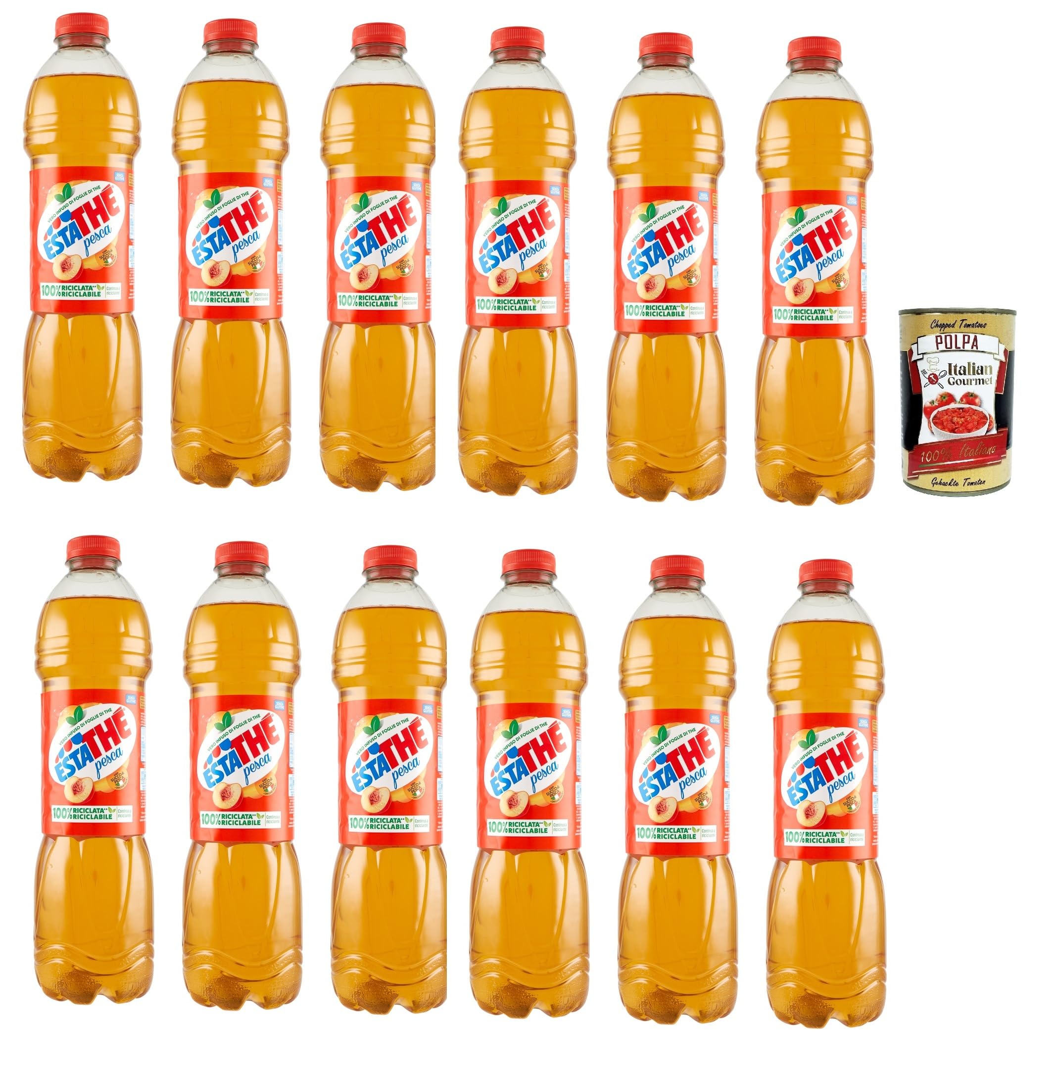 Italian Gourmet ESTATHE tè pesca, Pfirsich-Eistee Einweg-PET 12 x 1,5l | Bevanda rinfrescante alla frutta mit Schwarztee-Extrakt, angenehm süß für, Gesamtnettogewicht 18 L + Kostenlos Polpa 400g