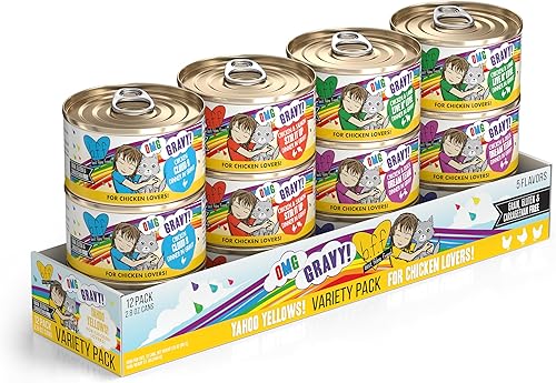 Weruva B.F.F. OMG - Best Feline Friend Oh My Gravy!, Yahoo Yellows! Paquete variado, lata de 2.8 onzas (paquete de 12)