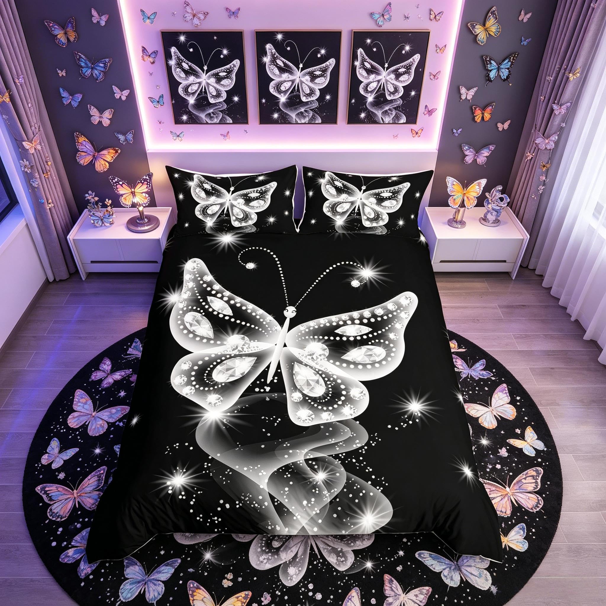 Loussiesd Butterfly Bedding Set Galaxy Bedclothes Super King Kids Boys Girls Teens Dreamy Diamond Feather Print Duvet Cover Set Sparkle Black White Decor Microfiber Bedclothes 3 Pieces — image 1