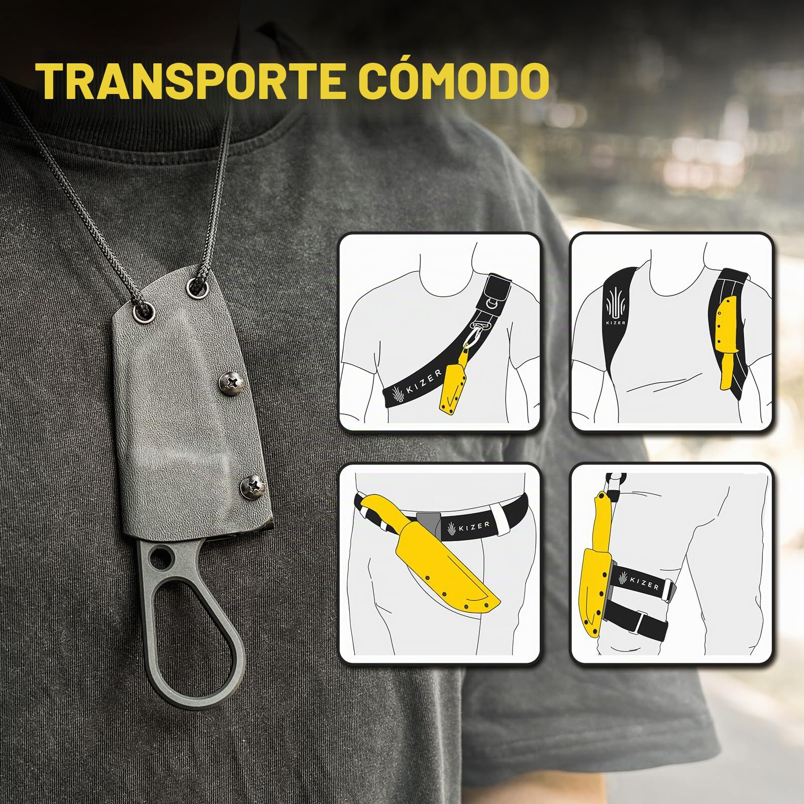 Kizer Bowtie Cuchillo de Hoja Fija Pequeño, Cuchillo de Caza EDC de Acero D2, 5,83" de Largo Transporte Horizontal, Negro Neck Knives, Cuchillos de Supervivencia para Acampada con Funda, 1061A2