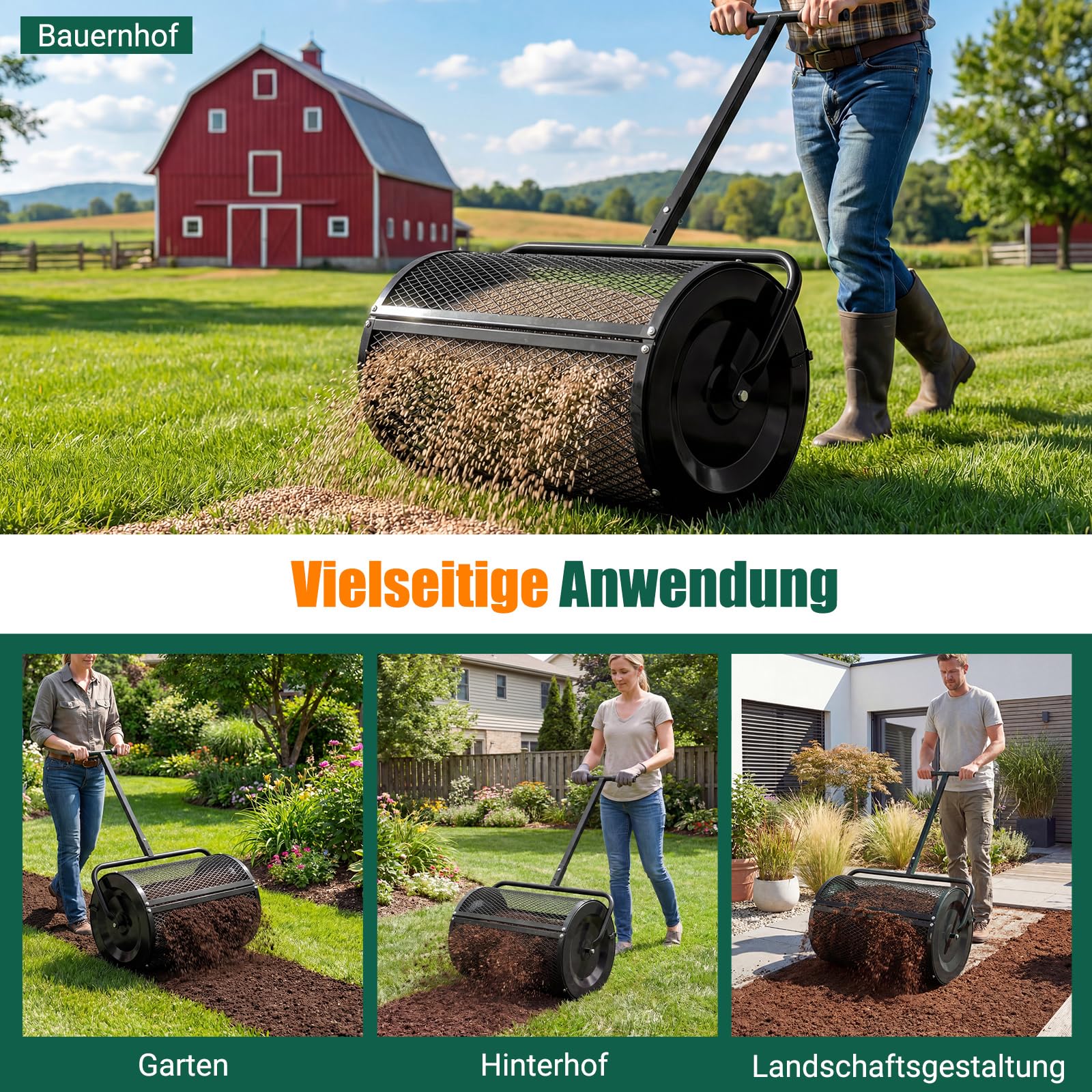 COSTWAY Kompoststreuer 77 L, Torfmoosstreuer mit höhenverstellbarem T-Griff & Mesh-Korb, Ø40x61cm, Düngerstreuer für Garten Rasen, Gartenstreuer für Dünger Saat, Handstreuer Kompostwalze (Schwarz)