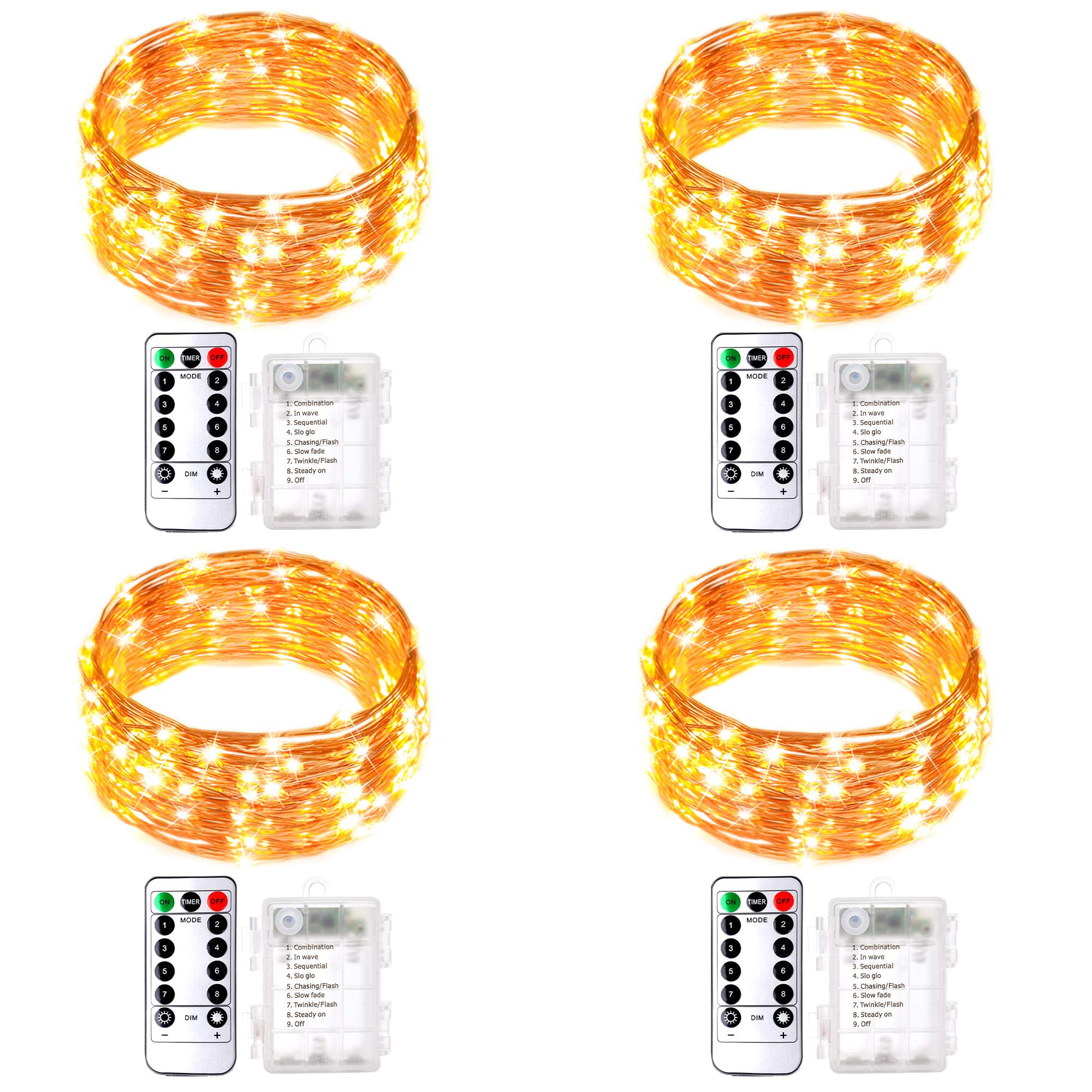4 Pack Led Fairy String Lights 32.8ft 100Leds Copper Wire Lights 8 Modes Remote with Battery Operated Waterproof Firefly Twinkle Lights for Wedding Garden Party Christmas Home Decorations(Warm White)
