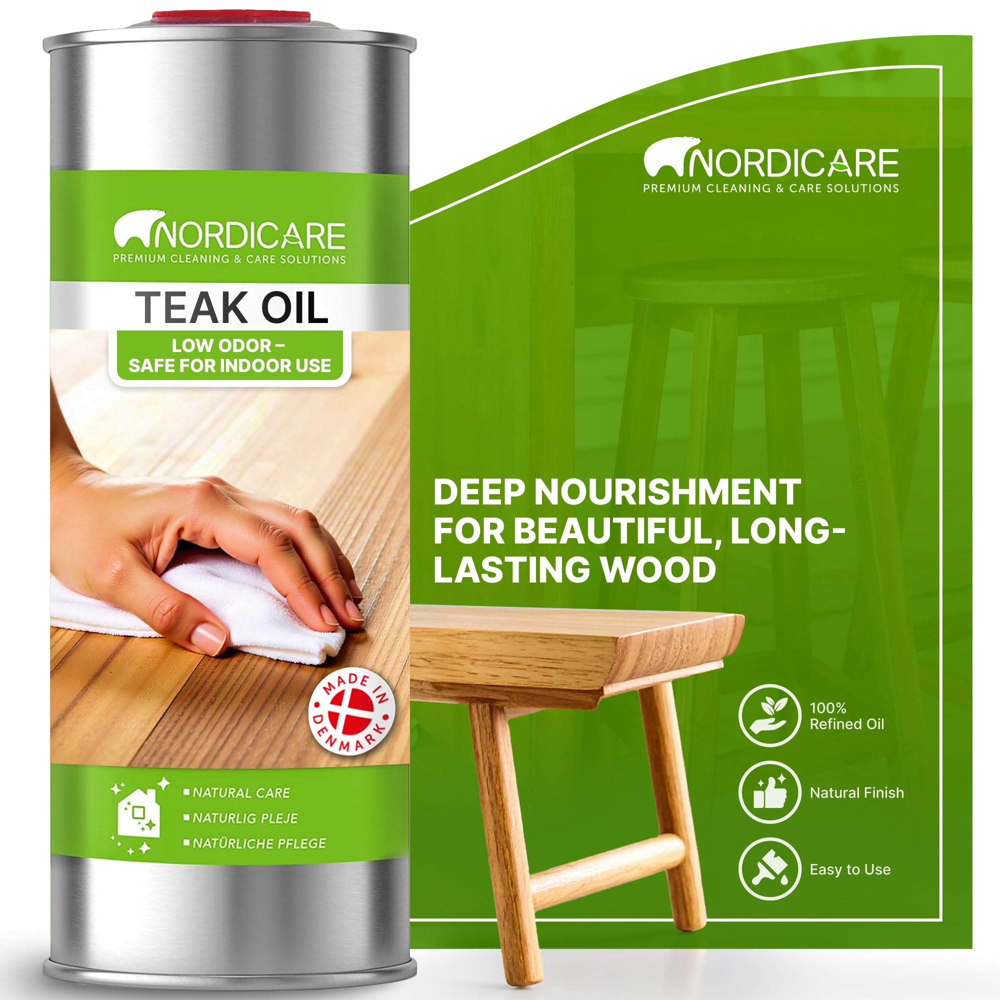 Teak Oil (1L) - Wood Oil for The Entire Indoor Area - Revives The Original Color of Wood - Premium Care with Stain Protection - Natural Silk Matt Finish-Made in Denmark