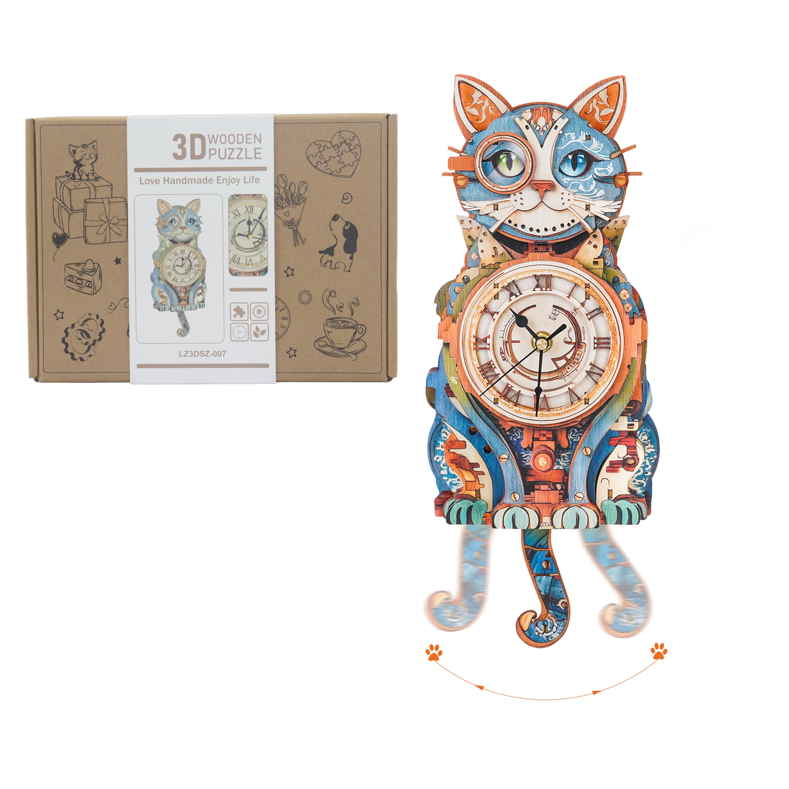 Puzzle in legno 3D per adulti Modello Kit Detective Cat Clock, Kit di costruzione di modelli meccanici Hobby fai da te per donne uomini, orologio da parete vintage puzzle amante dei gatti regali per