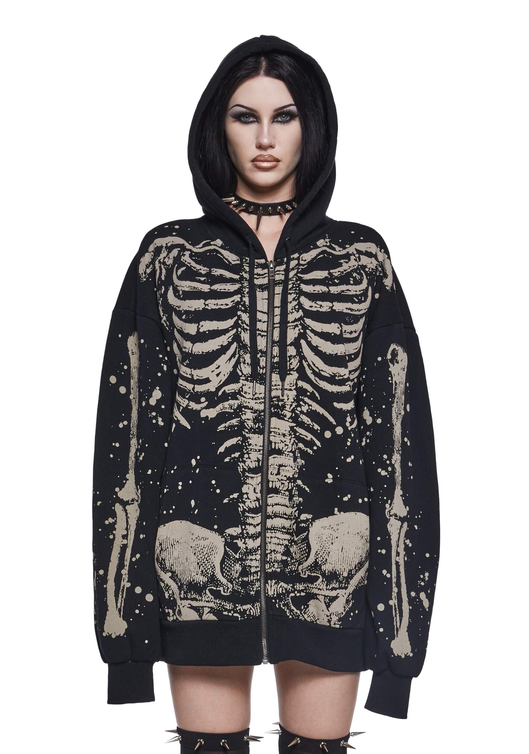 Dolls Kill Discharge Skeleton Print Oversized Hoodie by Trickz N’ Treatz – Unisex Gothic Zip-Up Sweatshirt with Bone Graphic