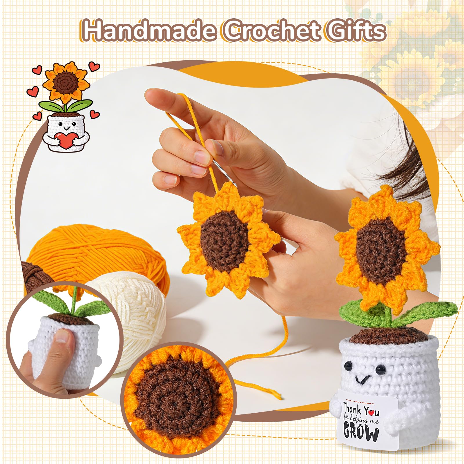 Handmade Crochet Sunflower Pot– Teacher Appreciation Gifts for Women with “Thank You for Helping Me Grow” Personalized Card, End of Year Thank You Teacher Gifts for Women, Desk Decor or Keepsake - 4