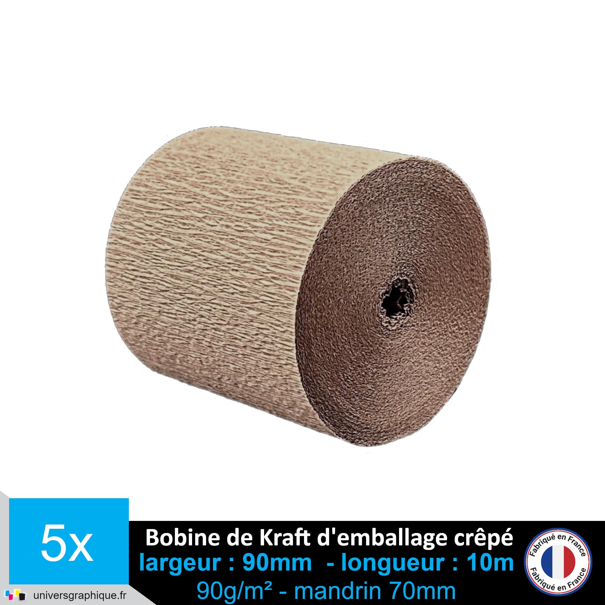 Papier Kraft d'emballage Crêpé 90 g/m² 90 mm bobine de 10m pour conditionnement et protection d’expédition (lot de 5)